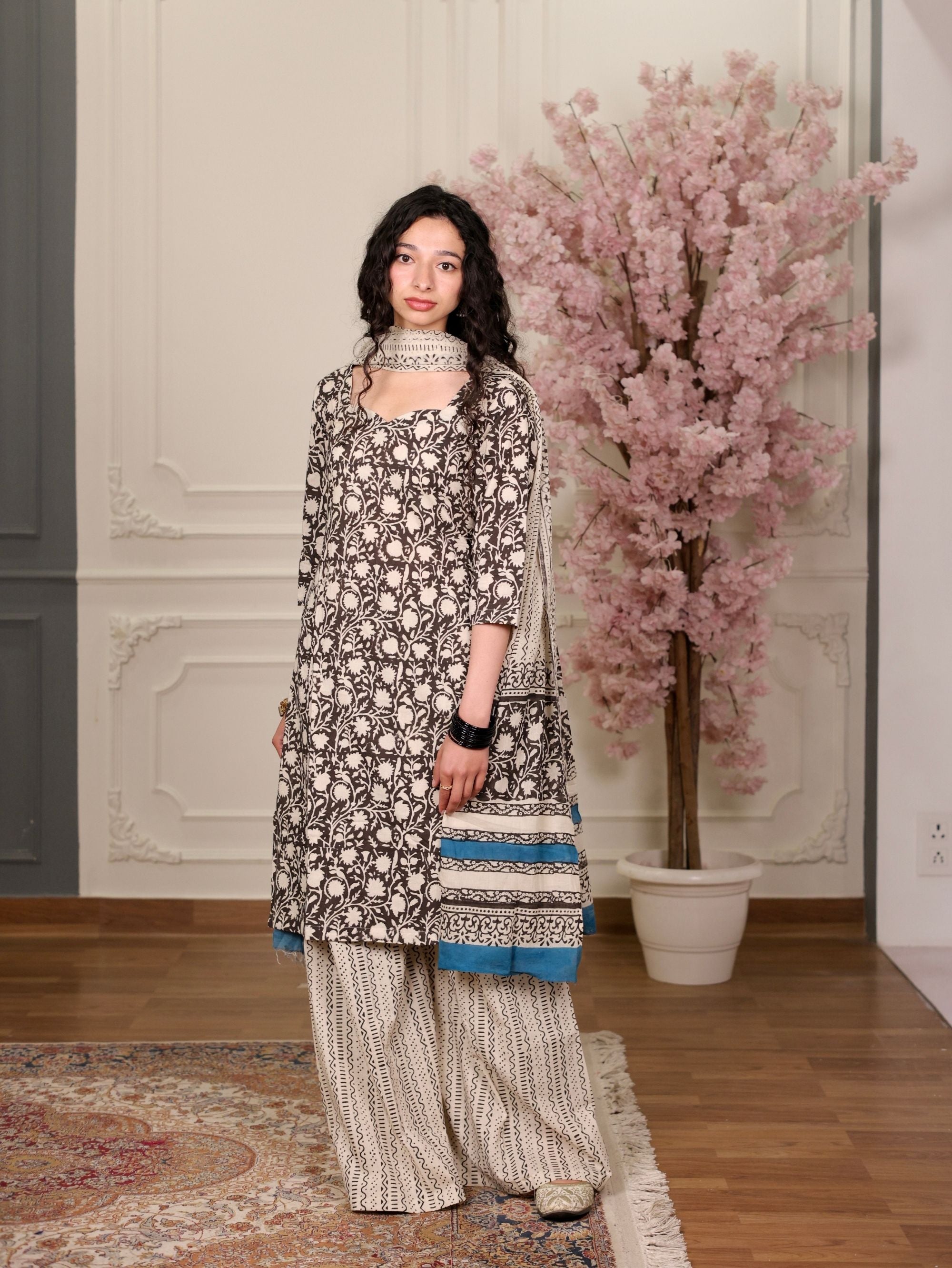 Chandni Black Beige Cotton Suit Set with Corset Back