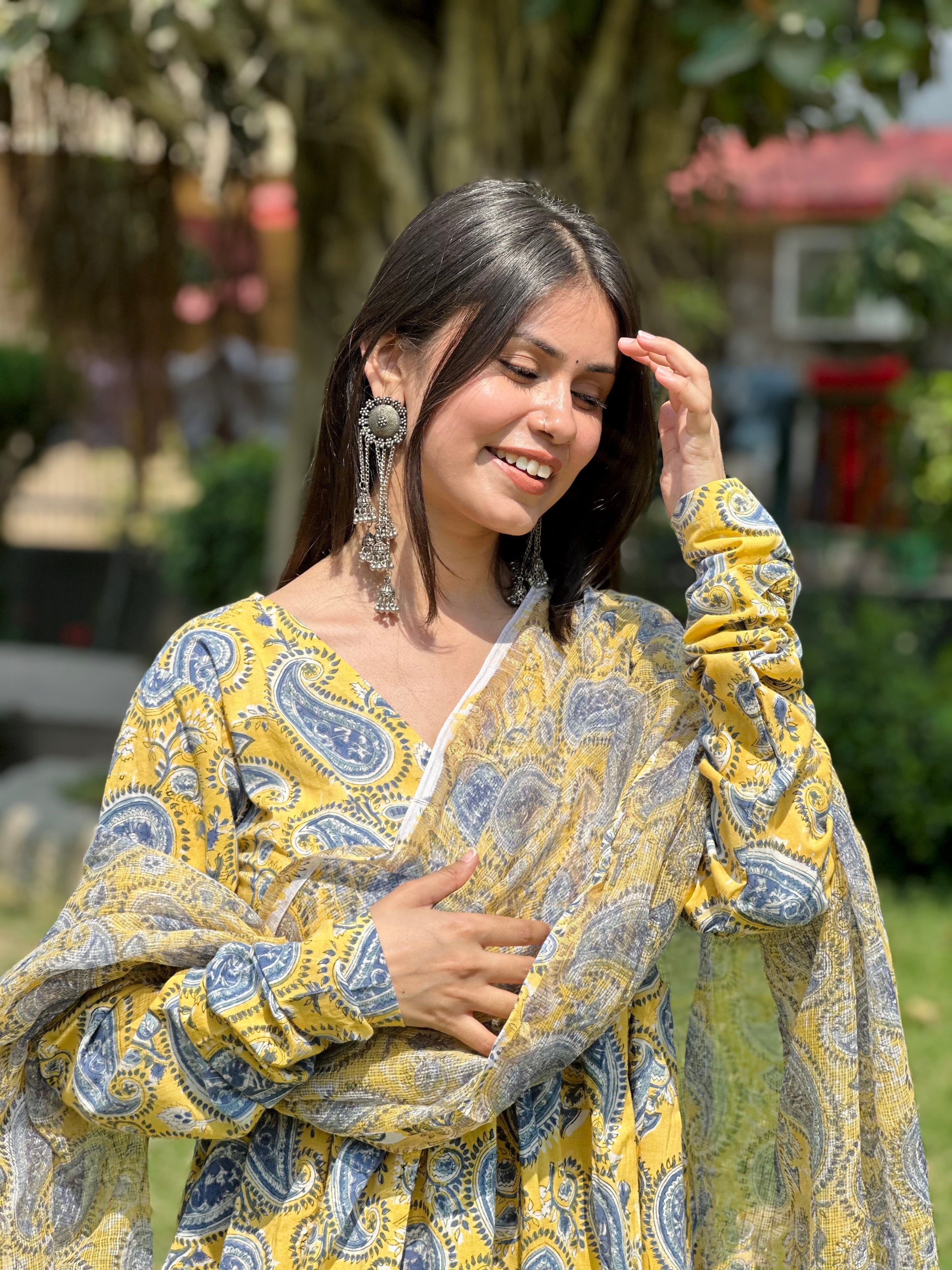 Yellow Paisley Anarkali Set( Kota doriya)