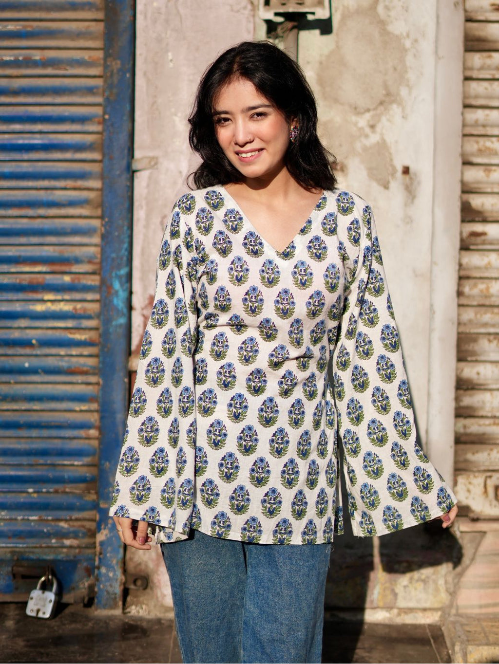 Iris Charm Cotton V-Neck Kurti