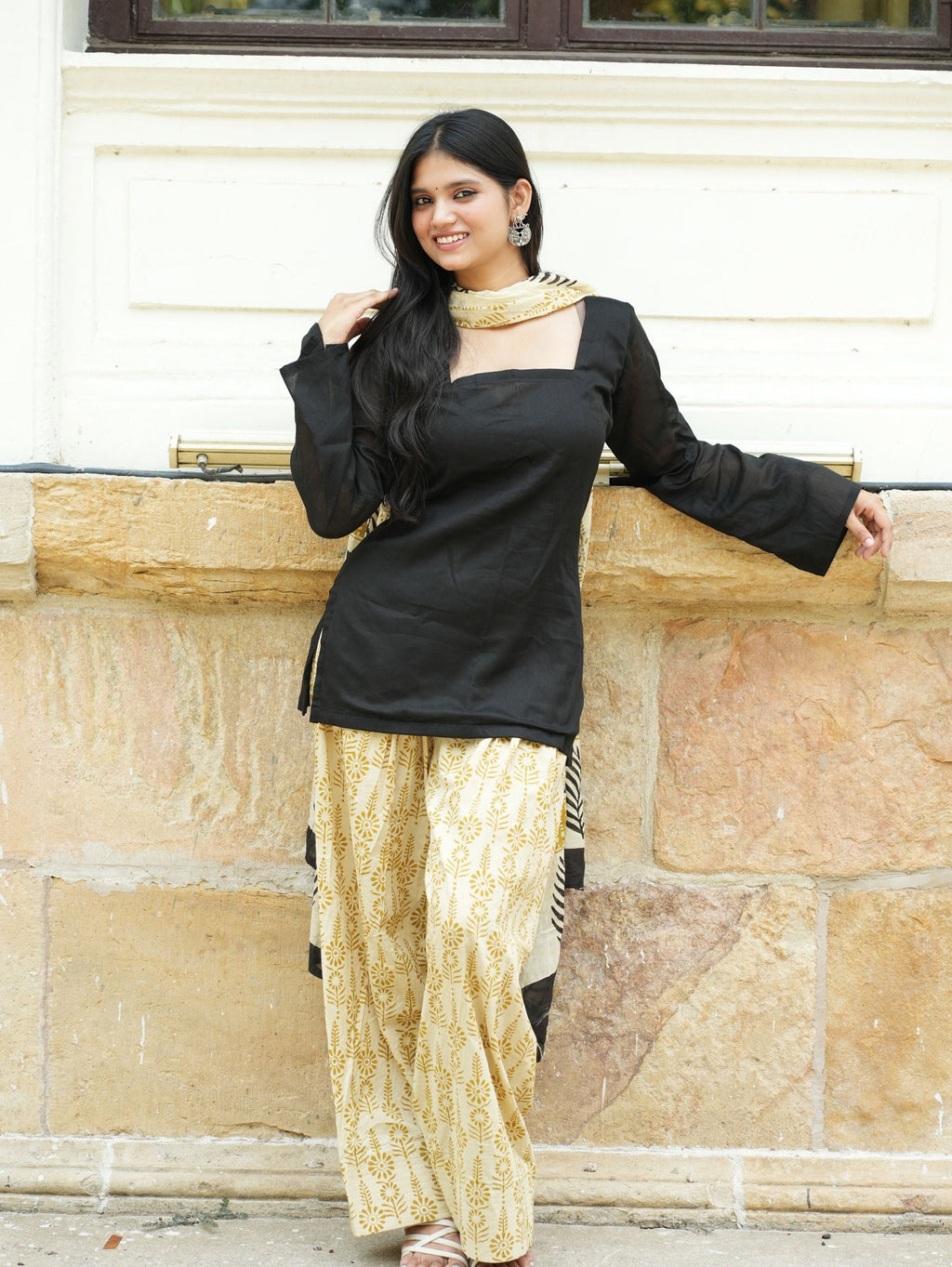 Pia Black & Beige Three Piece Farshi Set with Cotton Dupatta