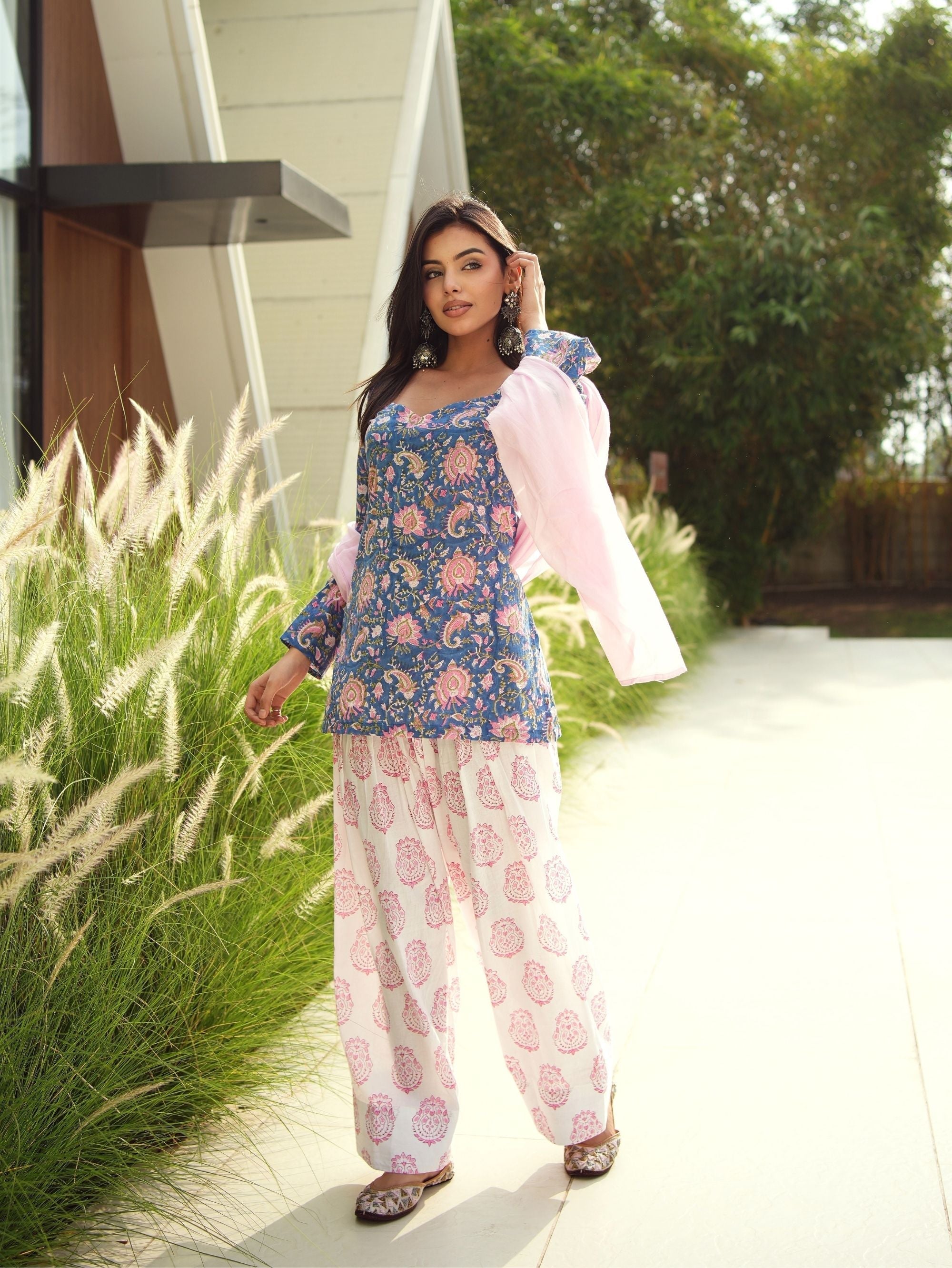 Mrunal Blue & Pink Handblock Cotton Three Piece Farshi Set with Mul Cotton Dupatta