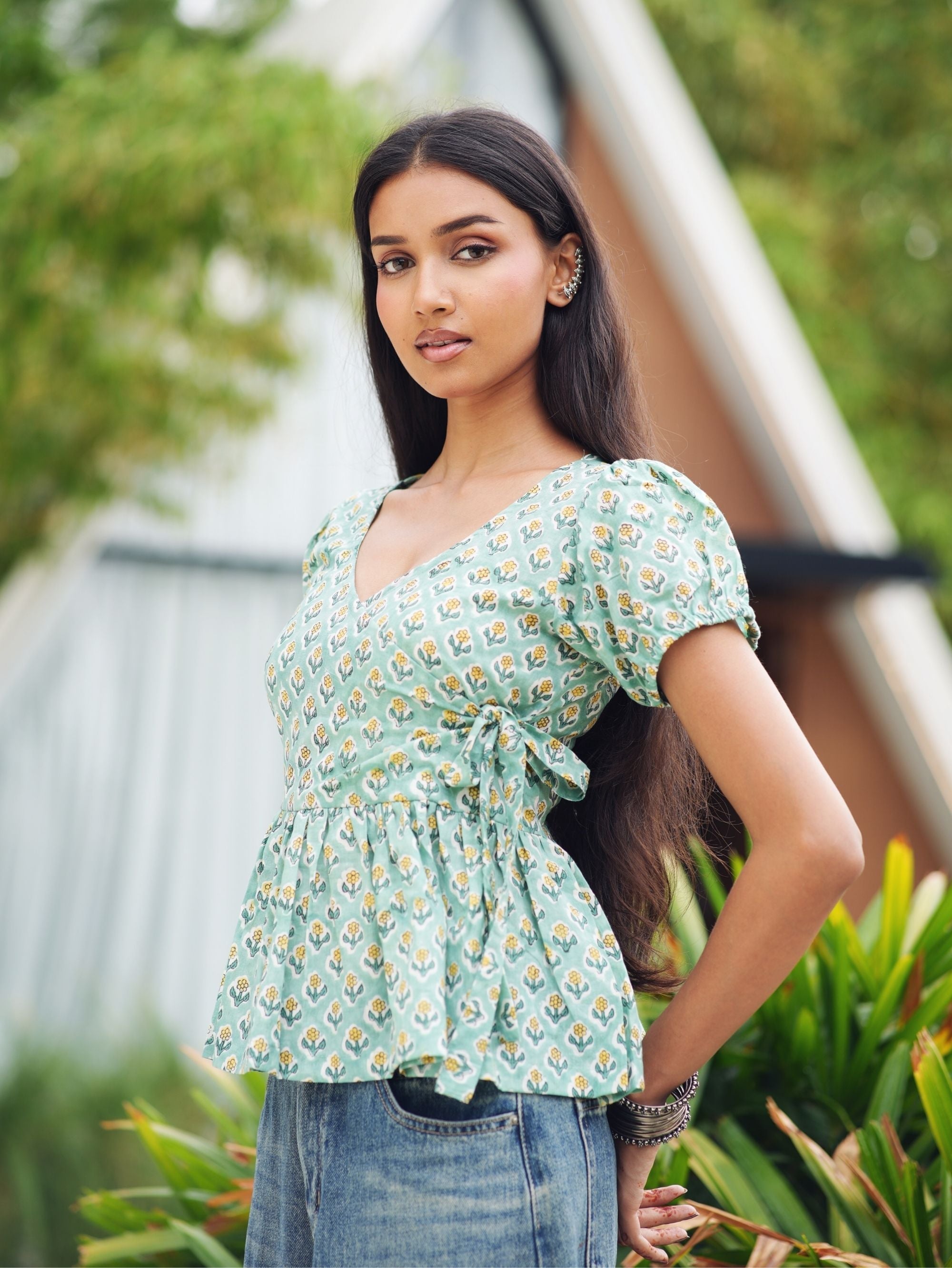 Avni Green Cotton Wrap Top for Women - V Neck Puff Sleeve Top