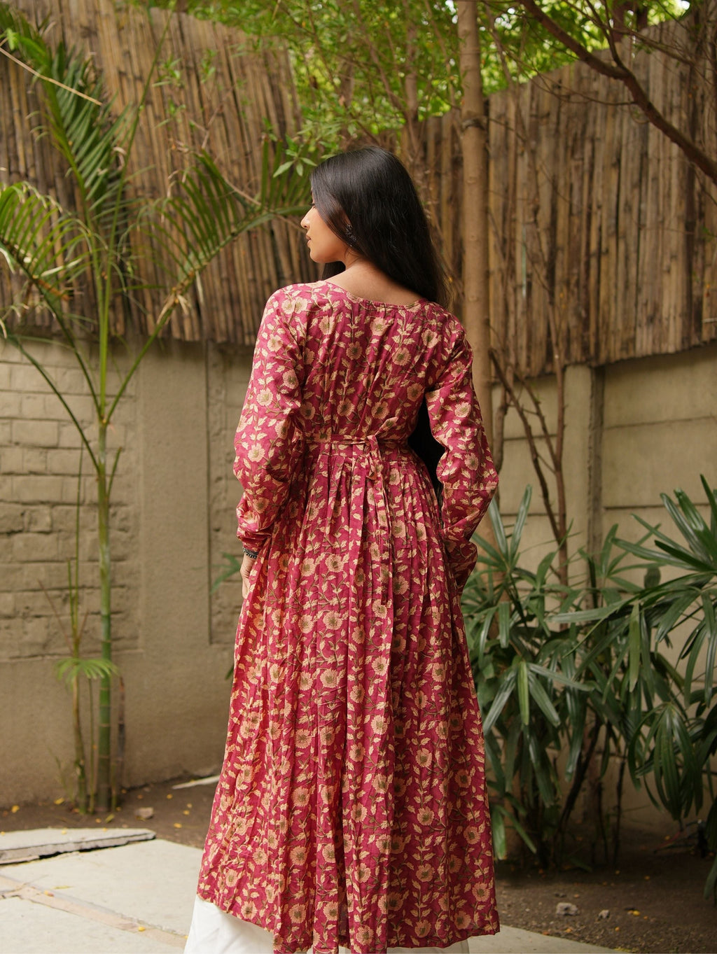 Haya Handblock Cotton Kameez for Women - Pink Long Kameez with Churi Sleeves