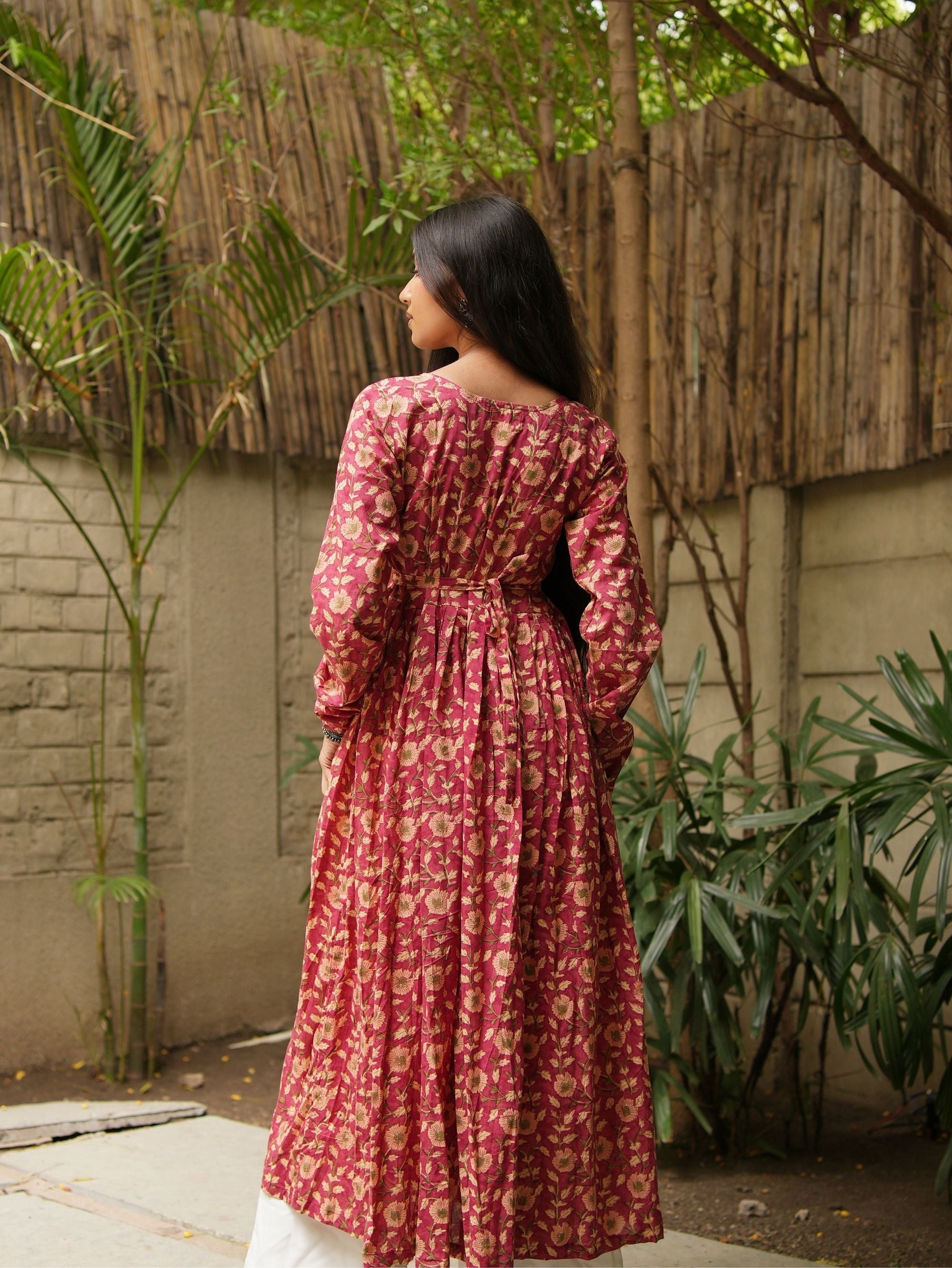 Haya Handblock Cotton Kameez for Women - Pink Long Kameez with Churi Sleeves
