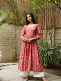 Haya Handblock Cotton Kameez for Women - Pink Long Kameez with Churi Sleeves