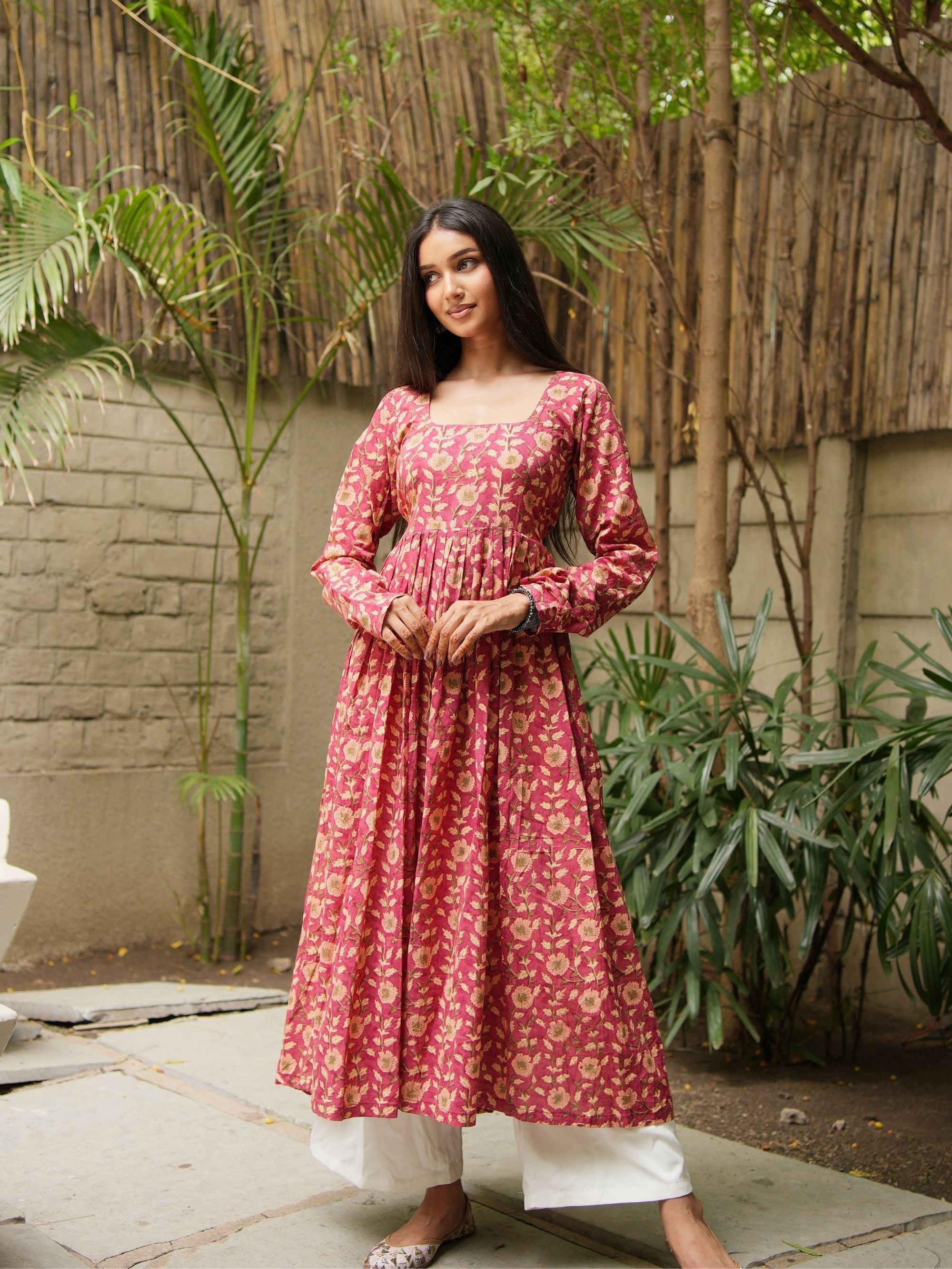Haya Handblock Cotton Kameez for Women - Pink Long Kameez with Churi Sleeves