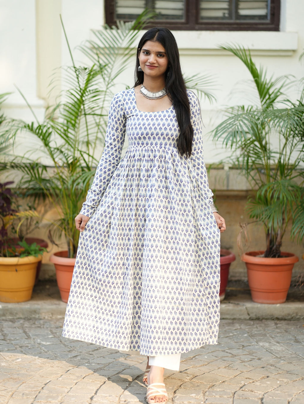Aradhya White Blue Printed Cotton Kameez with Full Sleeves