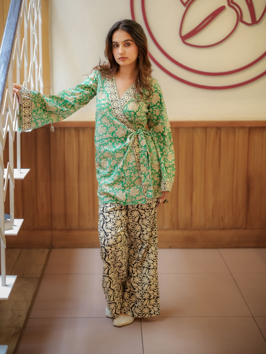 Mint Pista Handblock Wrap Top & Palazzo Set for Women