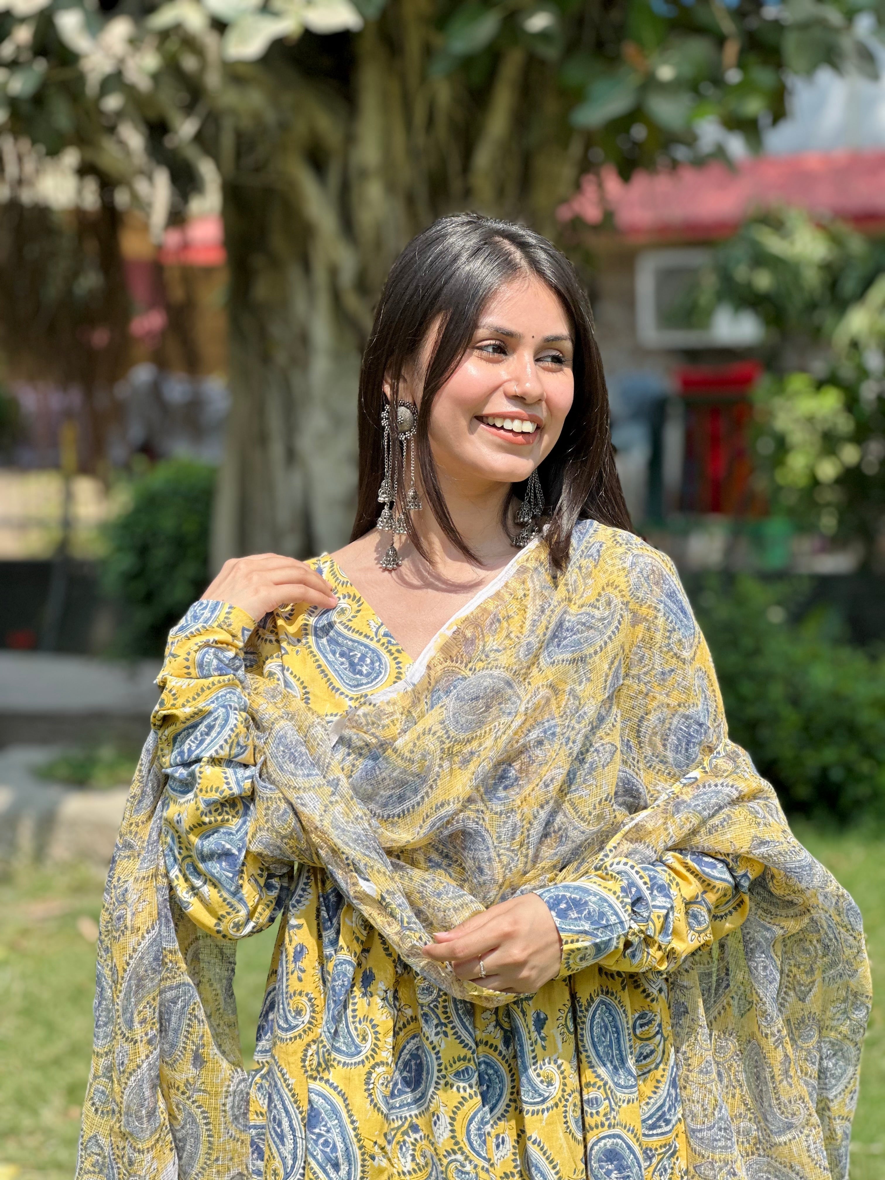 Yellow Paisley Anarkali Set( Kota doriya)