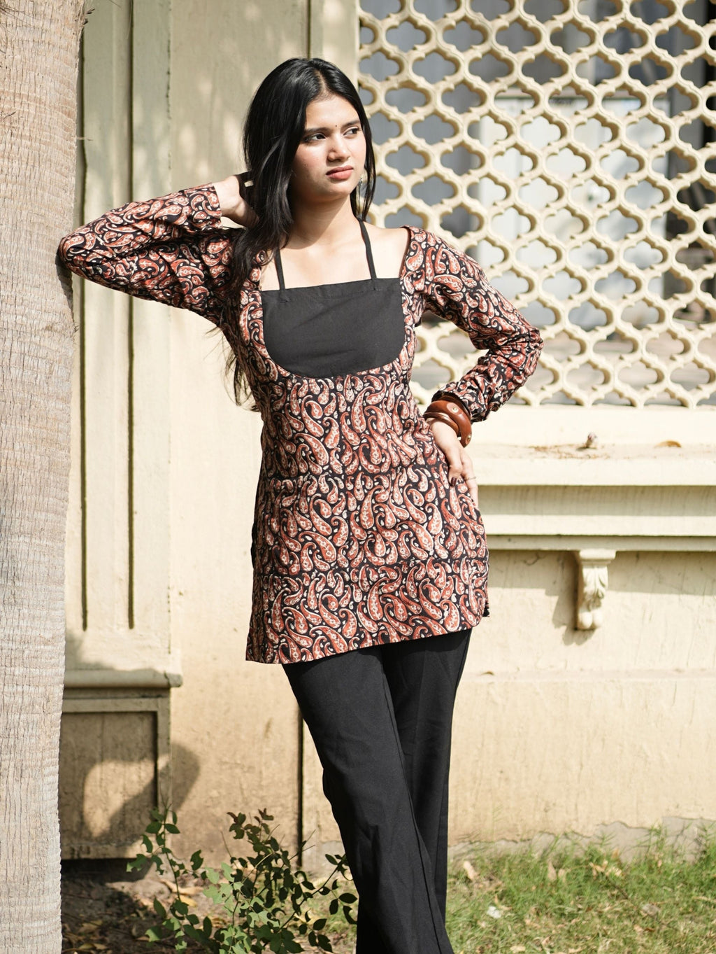 Zaalima Black Cotton Halter Neck Short Kurti with Dori Detail