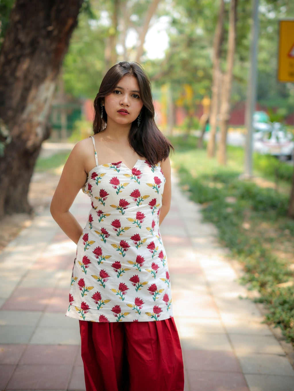 Flora Rahi White & Red Farshi Salwar Set with Handblock Kurta