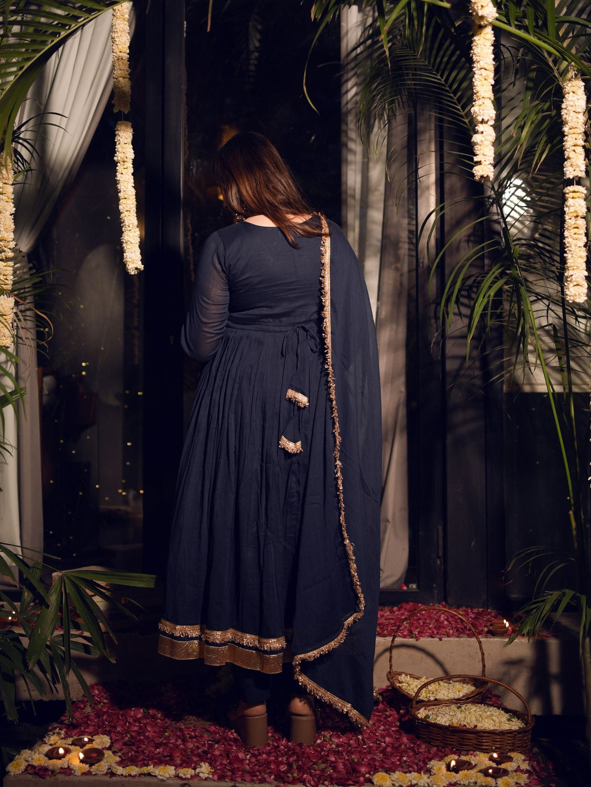 Mishti Navy Blue Three Piece Alia Cut Anarkali Set