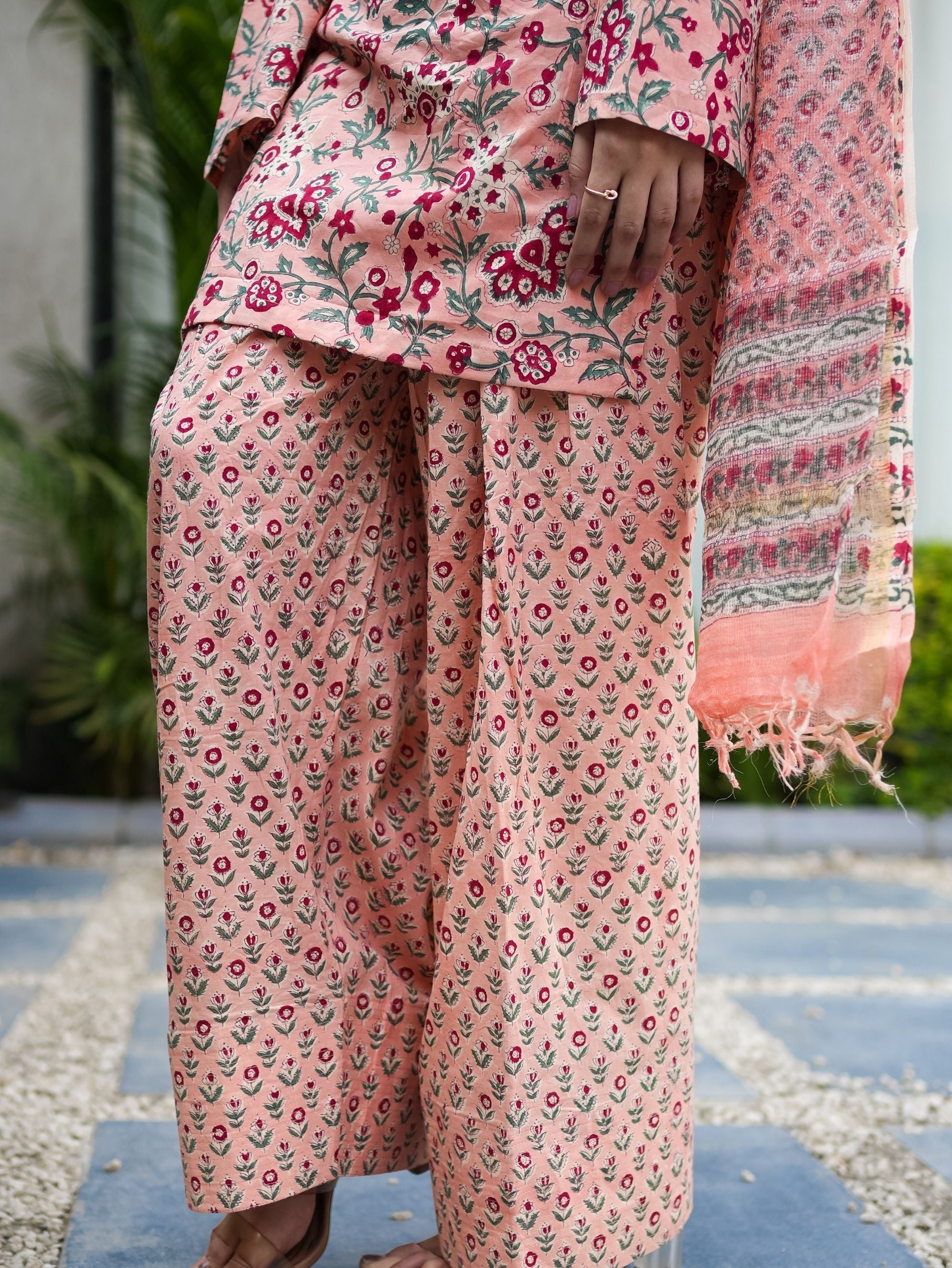 Peach Love Pink Cotton Kurta Set with Farshi Salwar and Kota Doriya Dupatta