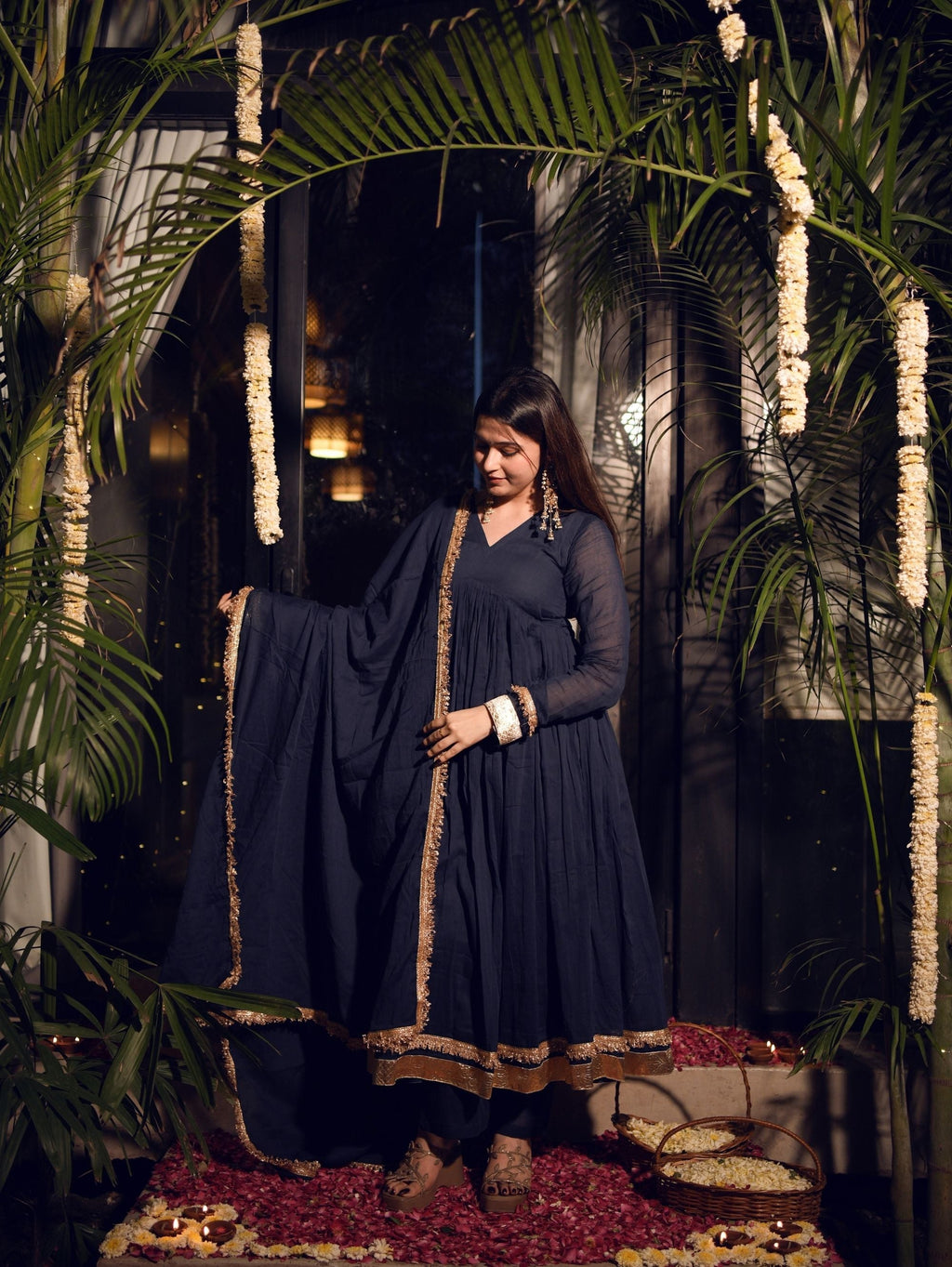 Mishti Navy Blue Three Piece Alia Cut Anarkali Set