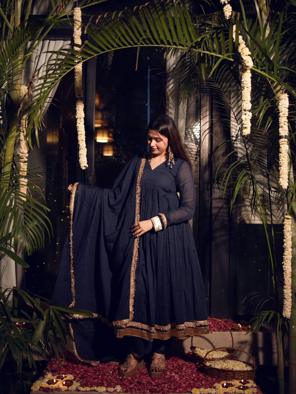 Mishti Navy Blue Three Piece Alia Cut Anarkali Set