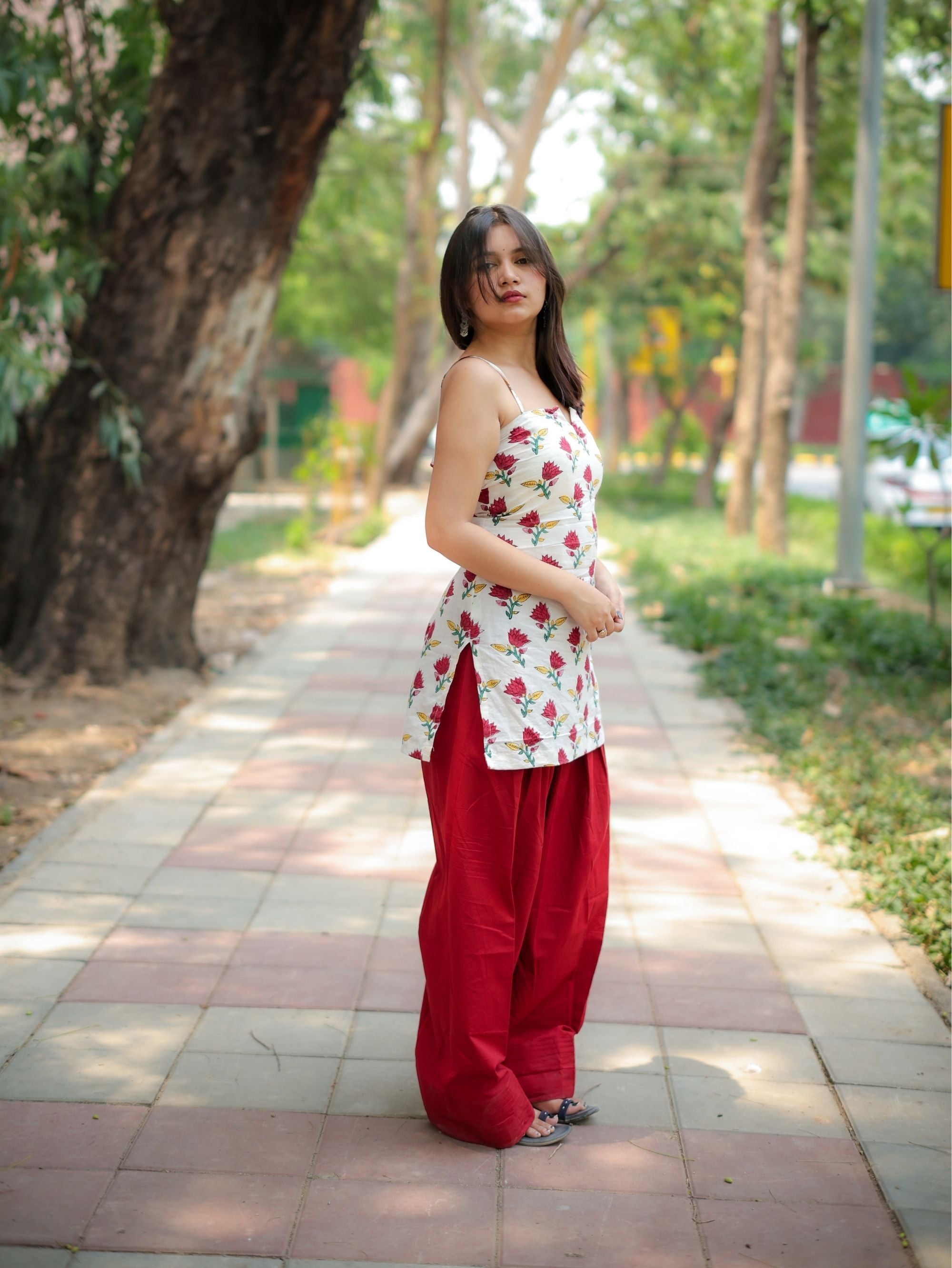 Flora Rahi White & Red Farshi Salwar Set with Handblock Kurta
