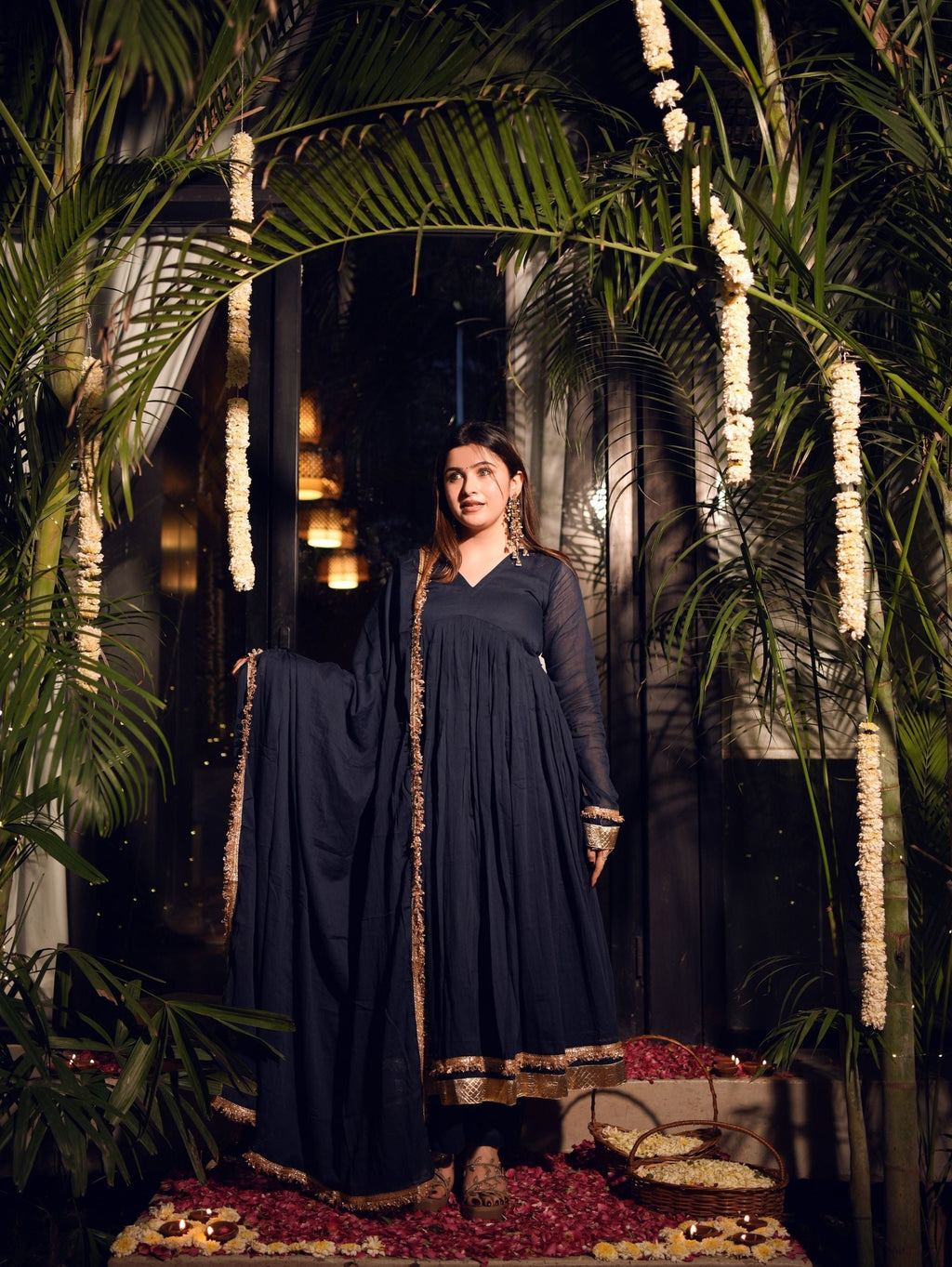 Mishti Navy Blue Three Piece Alia Cut Anarkali Set
