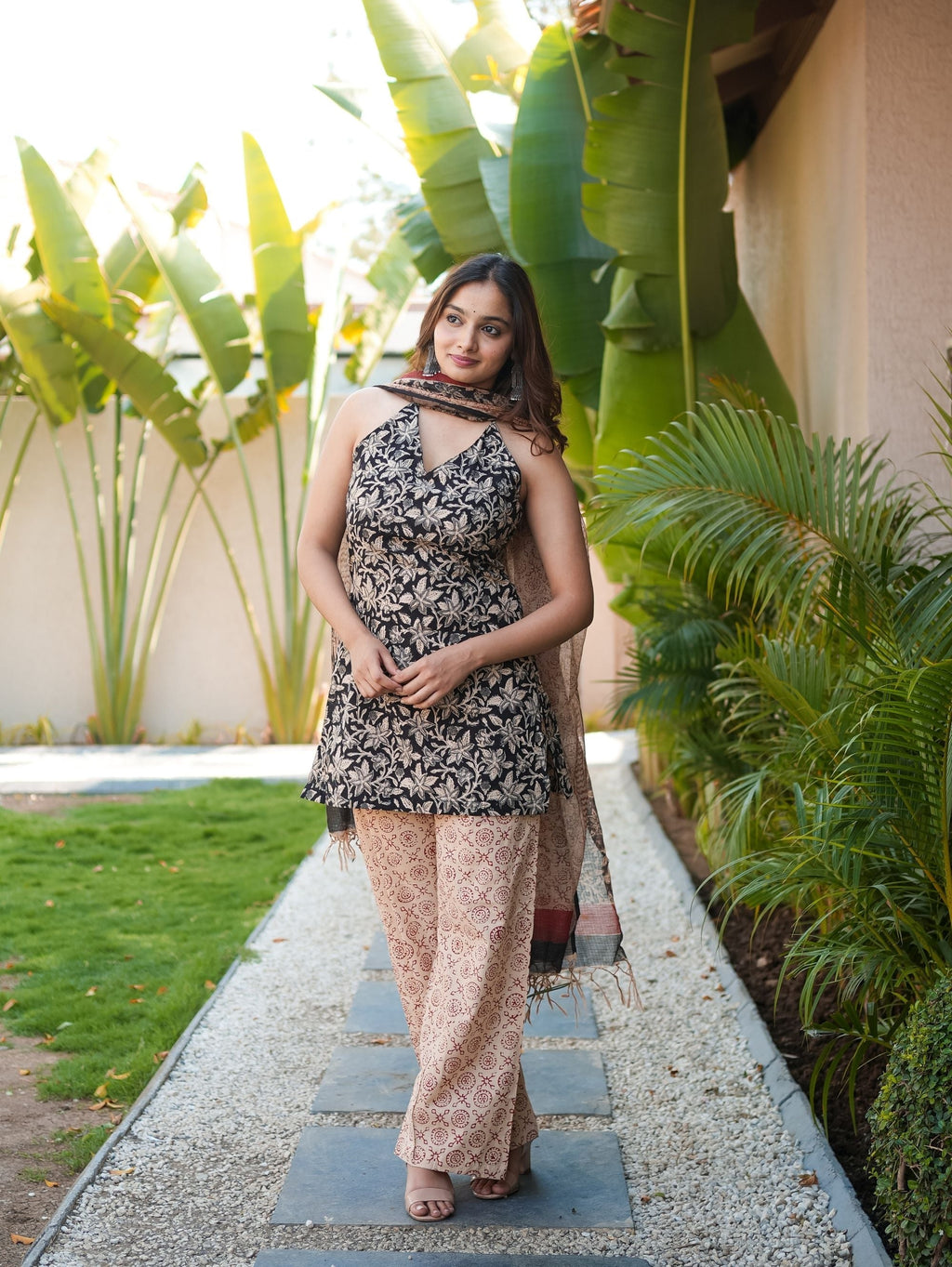 Dark Lily Black Cotton Halter Kurta Set with Palazzo and Dupatta