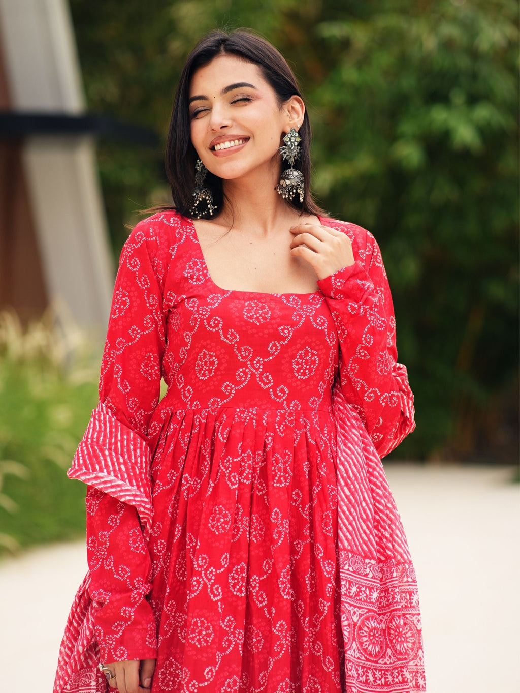 Red Bandhej Cotton Three Piece Anarkali Suit Set for Women