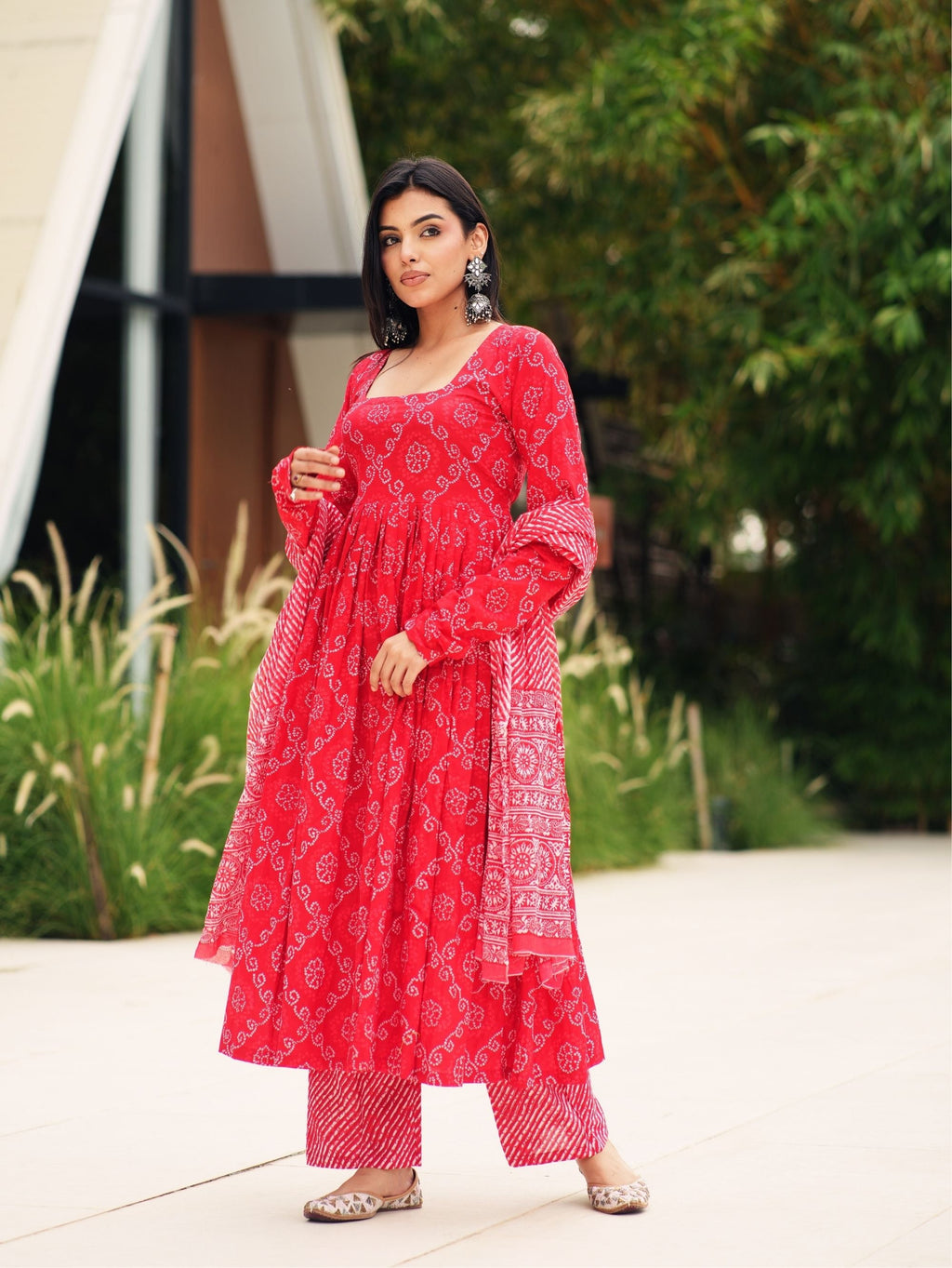 Red Bandhej Cotton Three Piece Anarkali Suit Set for Women