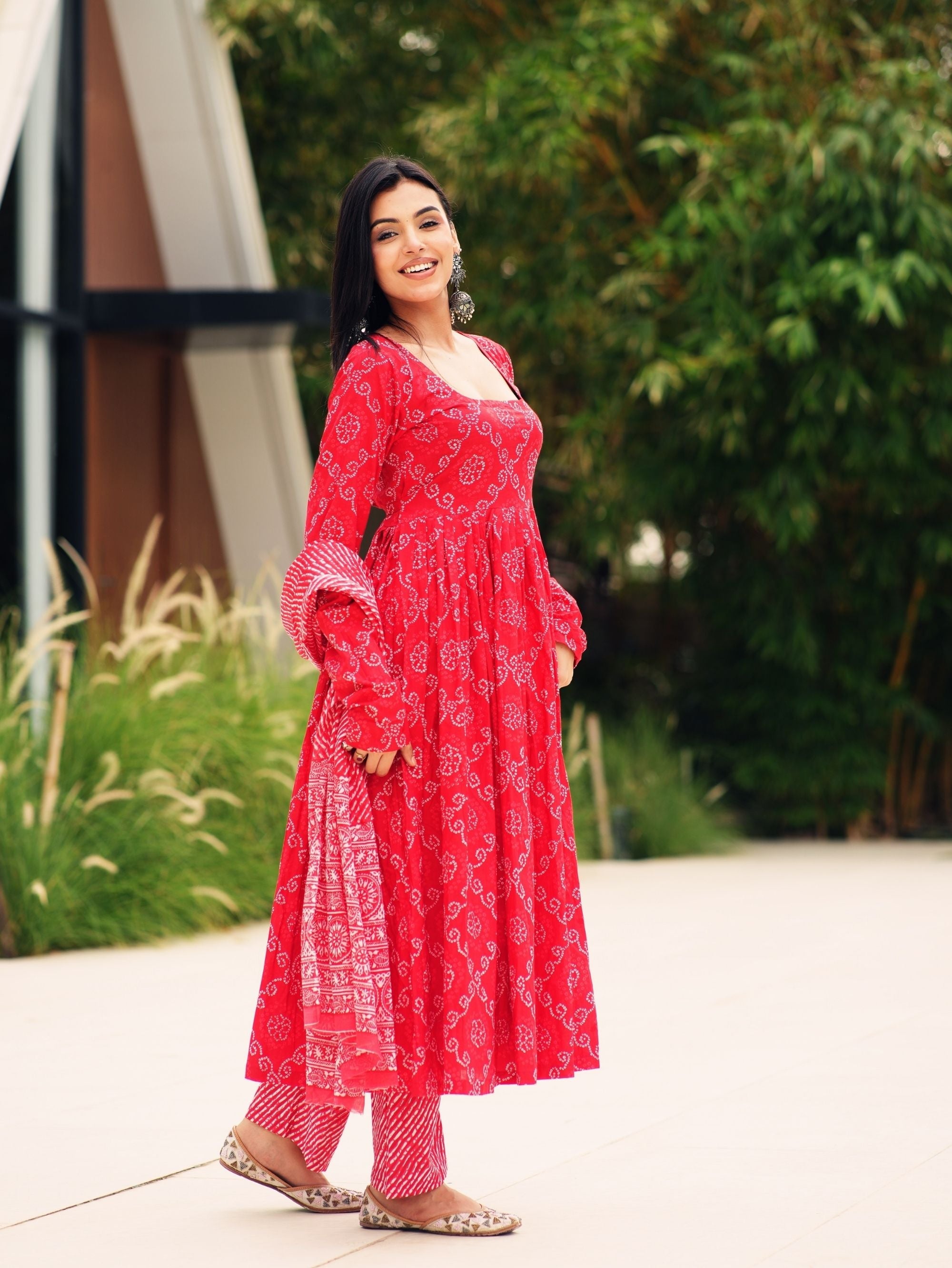 Red Bandhej Cotton Three Piece Anarkali Suit Set for Women