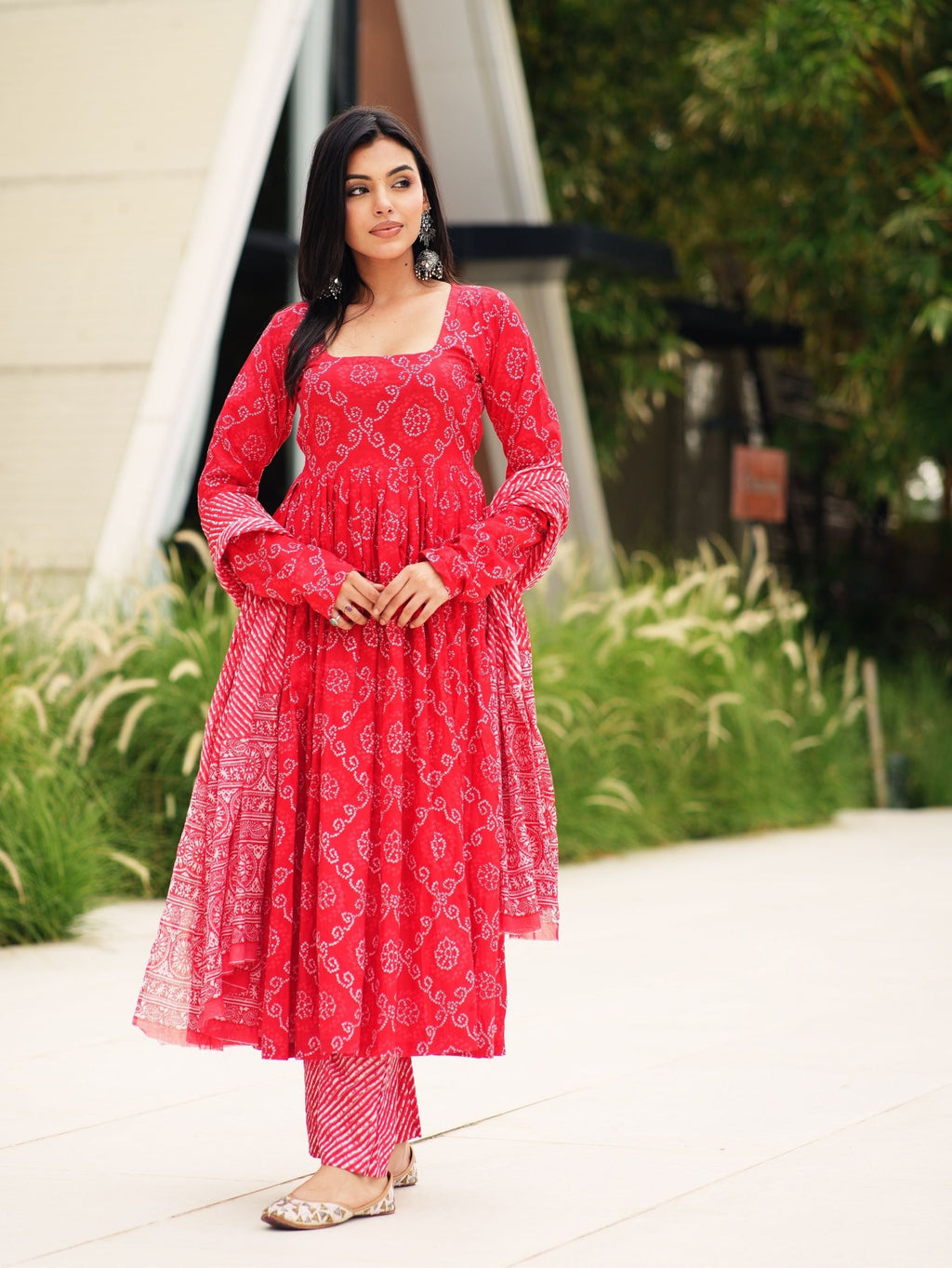Red Bandhej Cotton Three Piece Anarkali Suit Set for Women