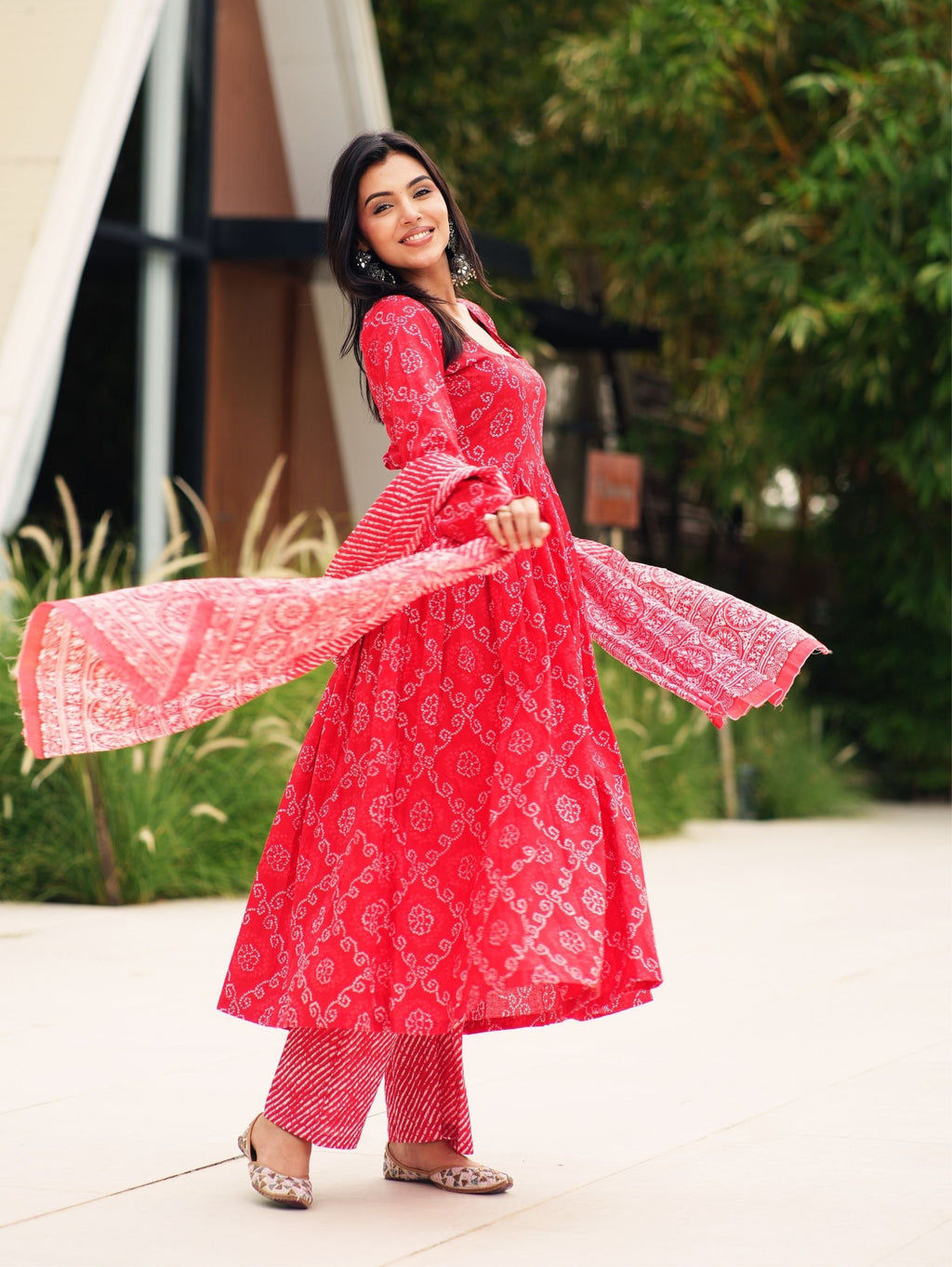 Red Bandhej Cotton Three Piece Anarkali Suit Set for Women