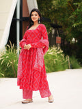 Red Bandhej Cotton Three Piece Anarkali Suit Set for Women