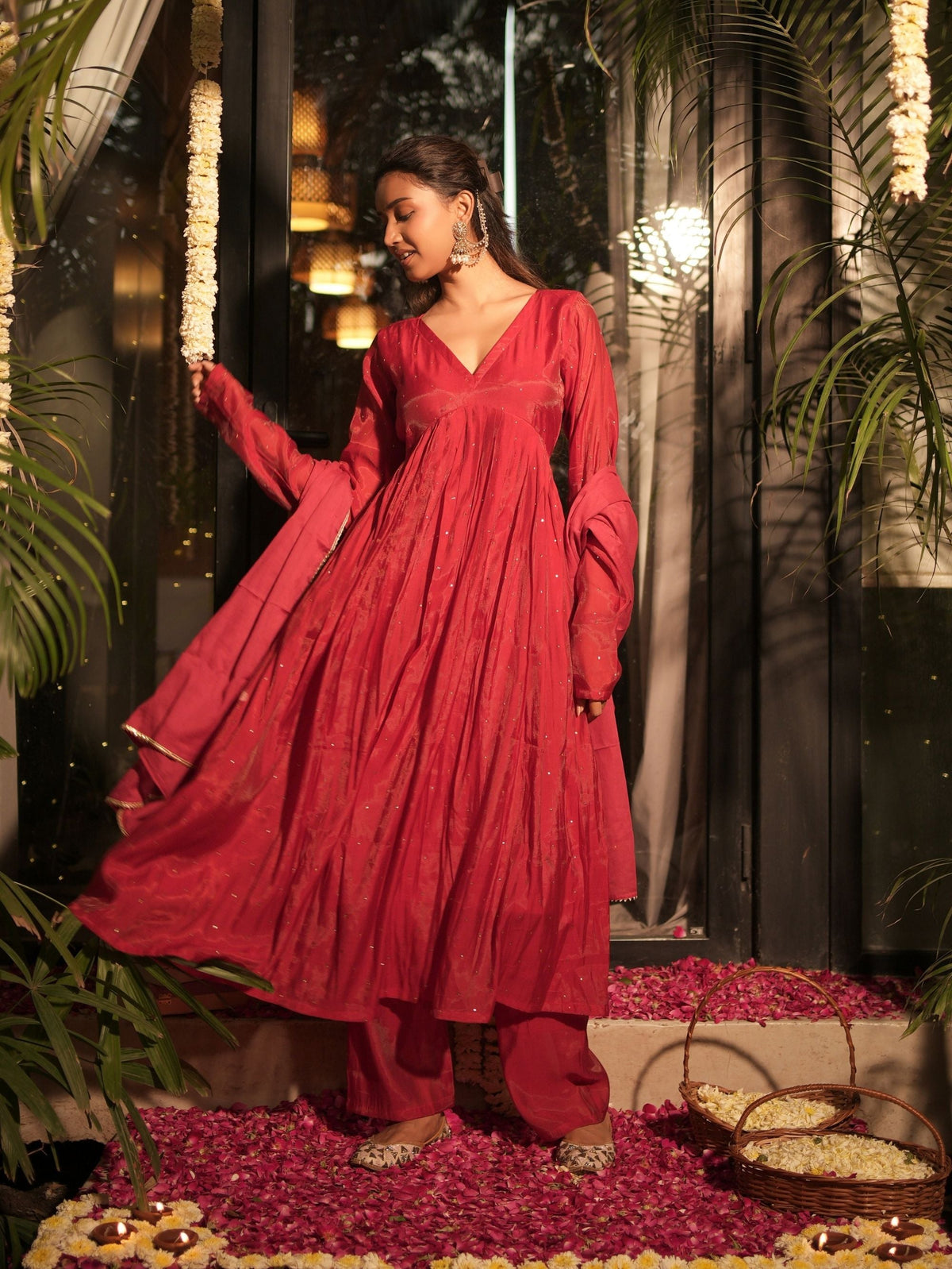 Mishri Red Three Piece Alia Cut Anarkali Set