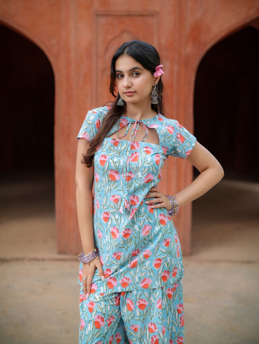 Blue Bella Cotton Handblock Two Piece Palazzo Set for Women