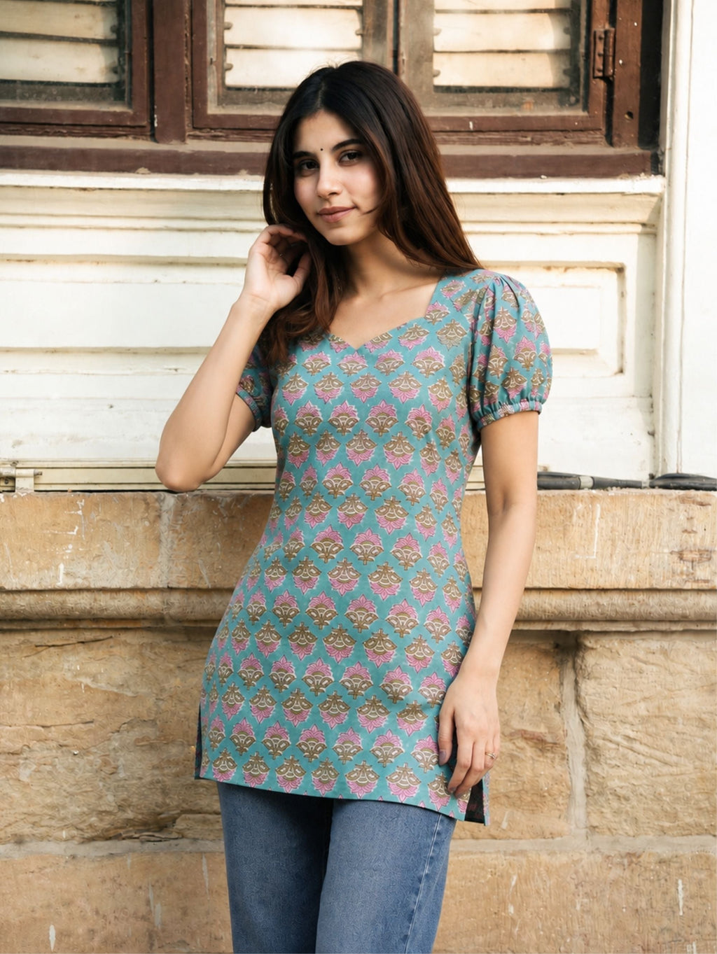 Maan Sky Blue Handblock Cotton Kurta