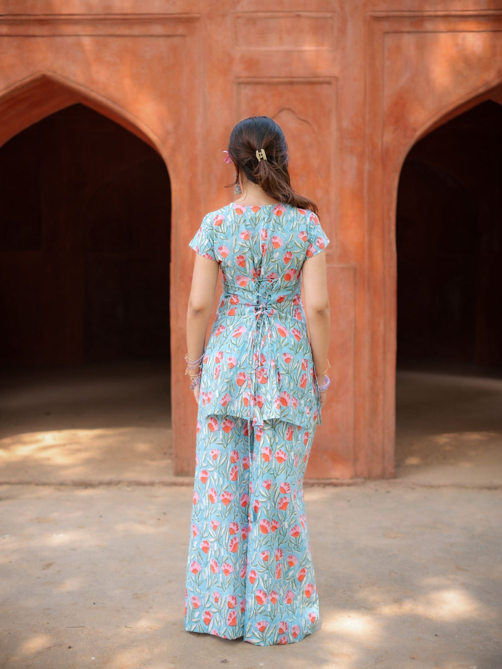 Blue Bella Cotton Handblock Two Piece Palazzo Set for Women