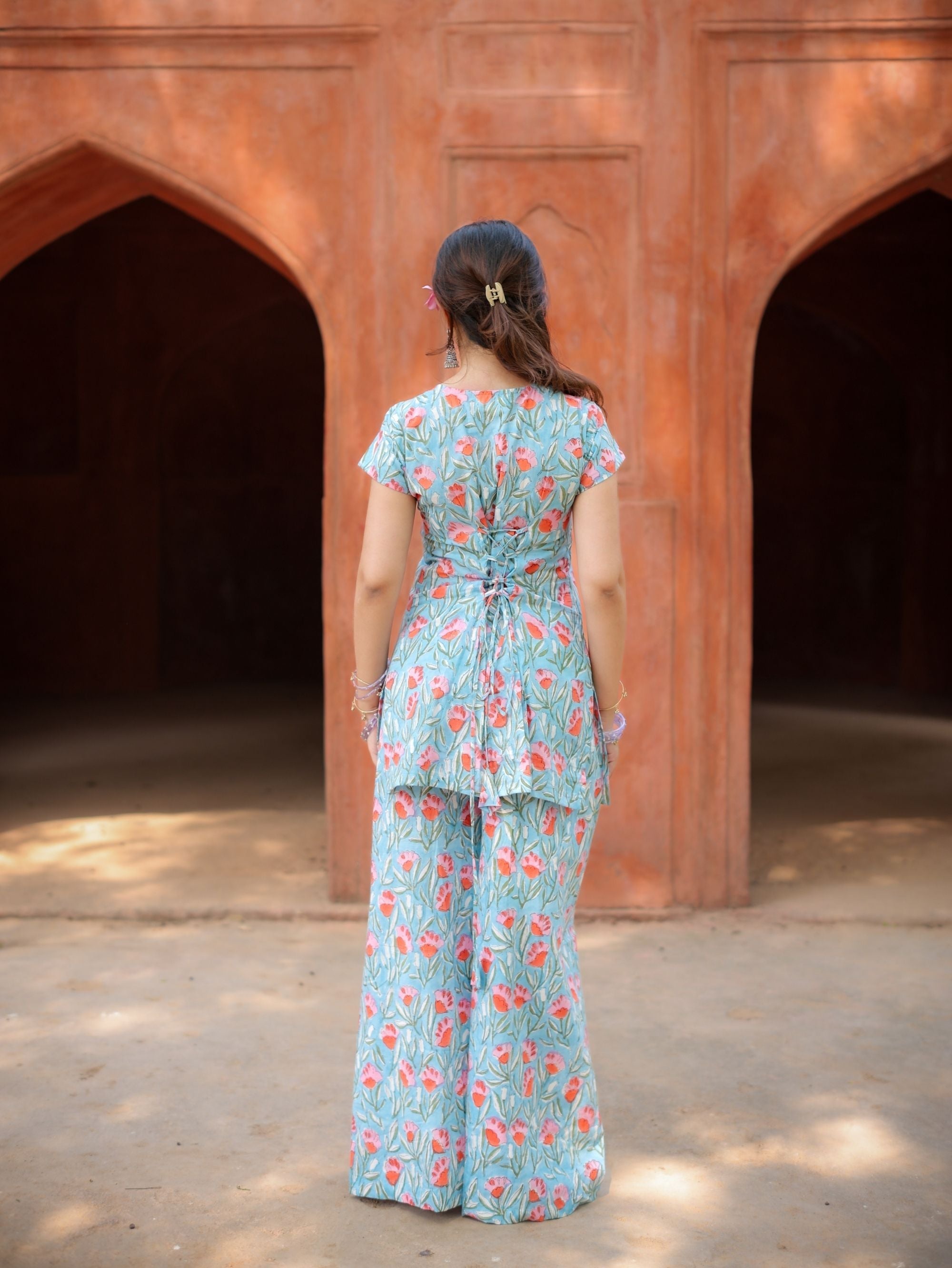 Blue Bella Cotton Handblock Two Piece Palazzo Set for Women