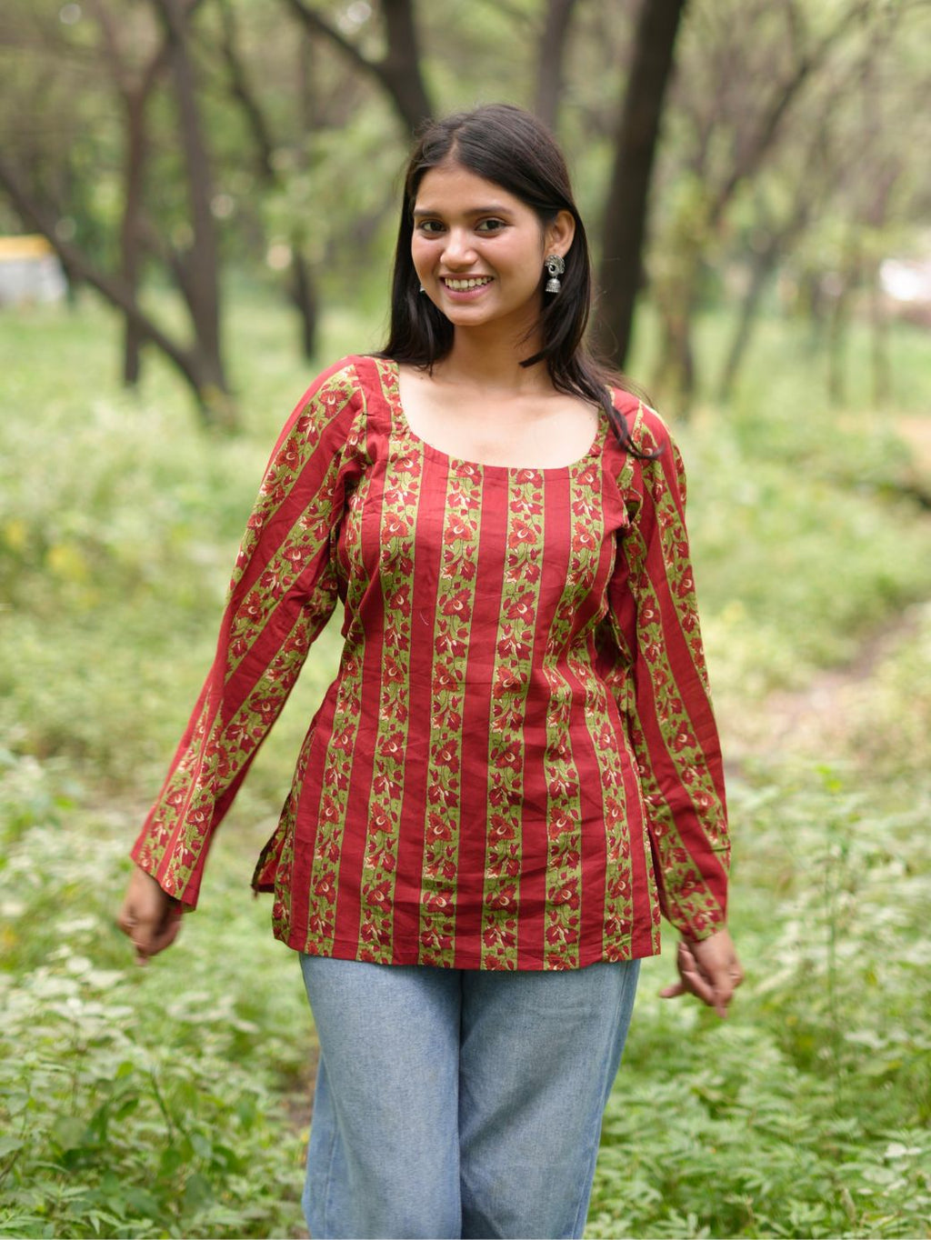 Red Blossom Striped Kurti