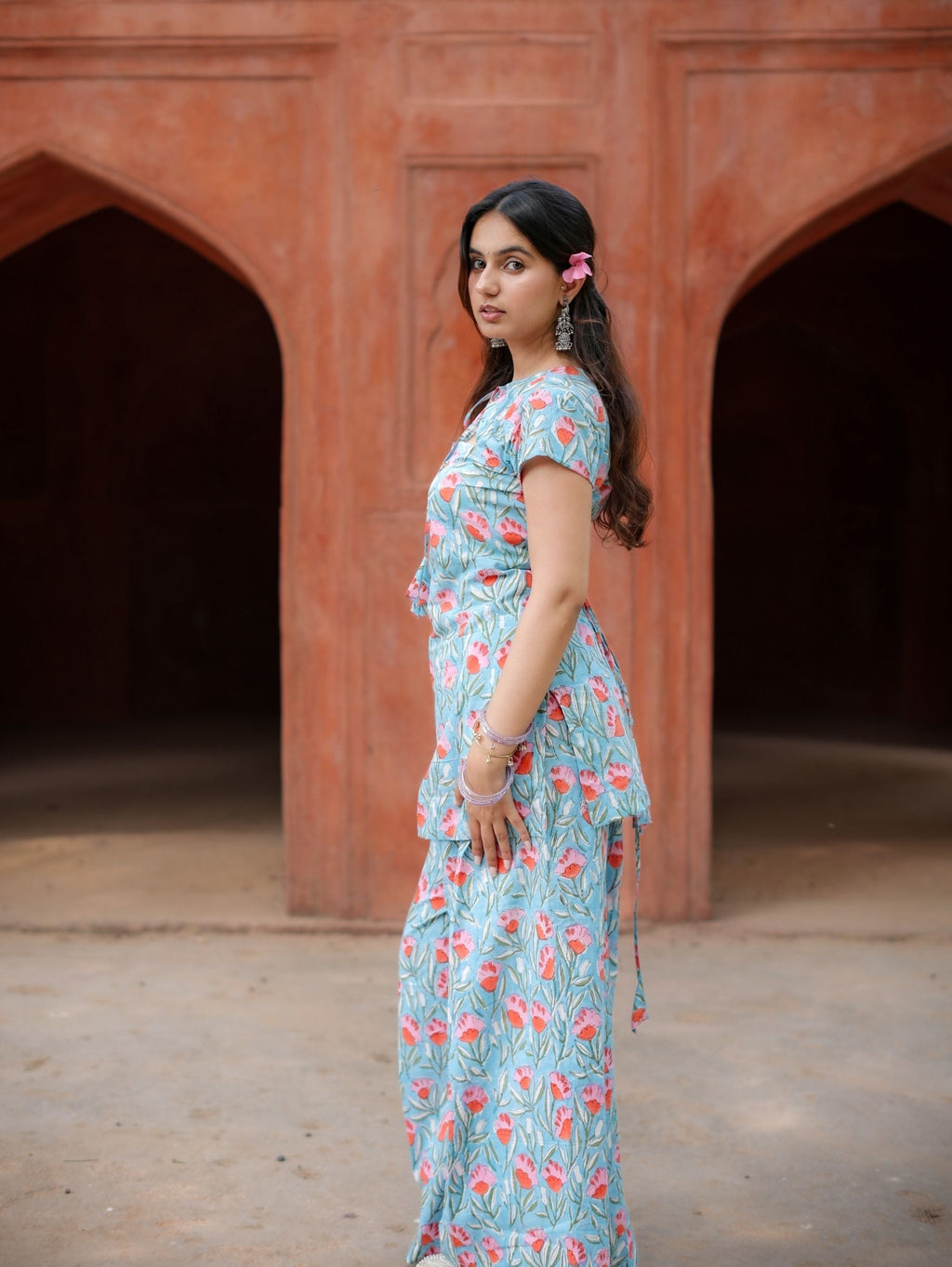 Blue Bella Cotton Handblock Two Piece Palazzo Set for Women