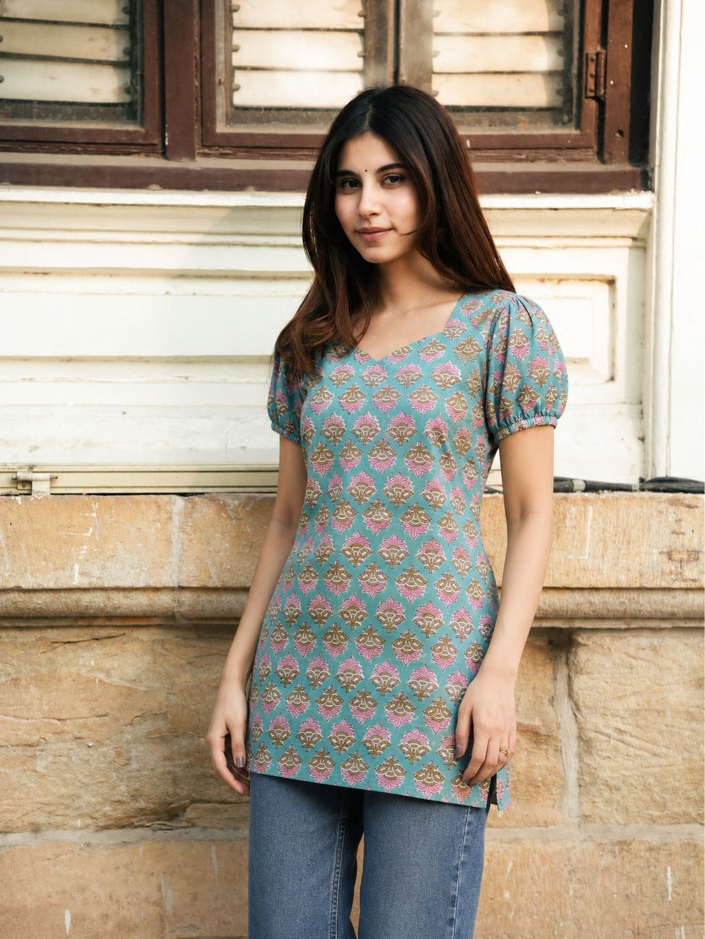 Maan Sky Blue Handblock Cotton Kurta