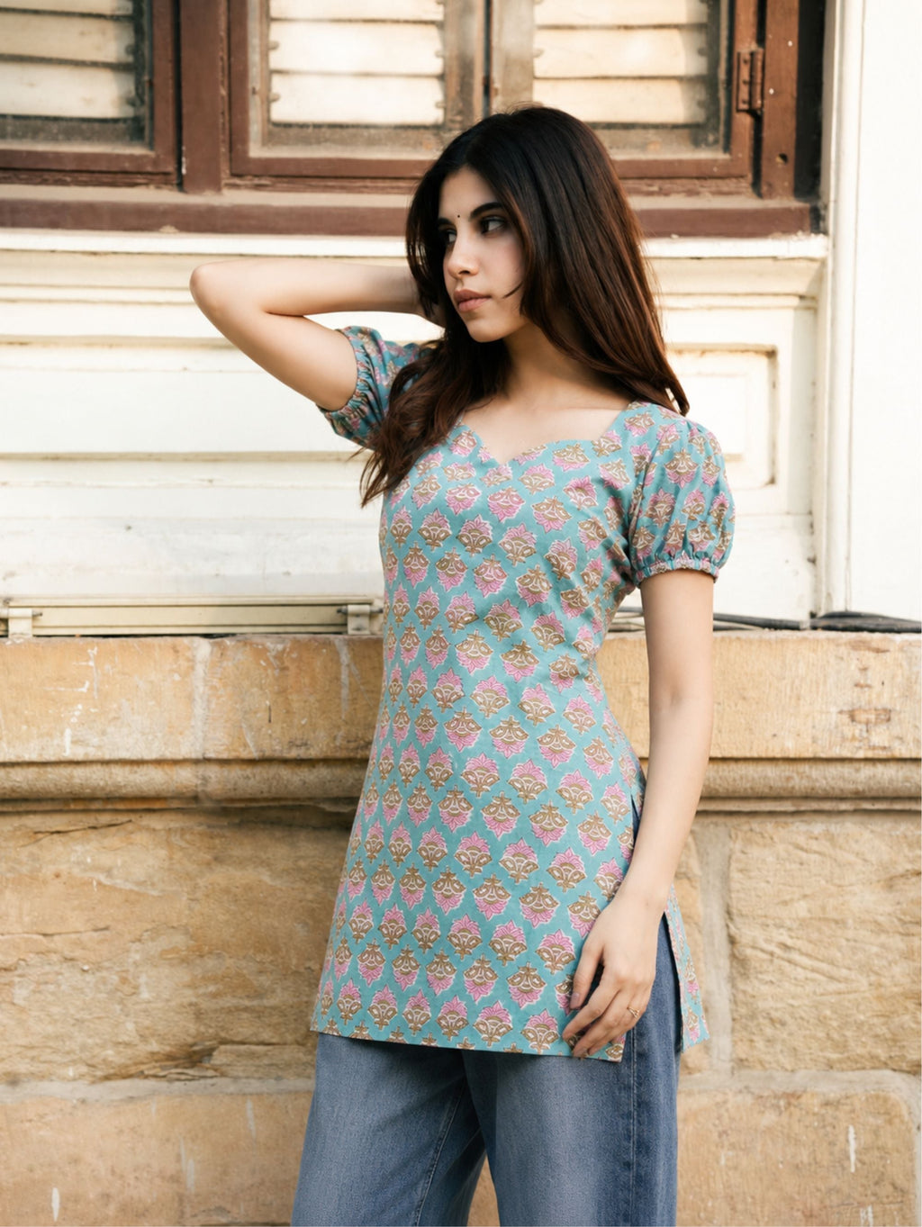Maan Sky Blue Handblock Cotton Kurta