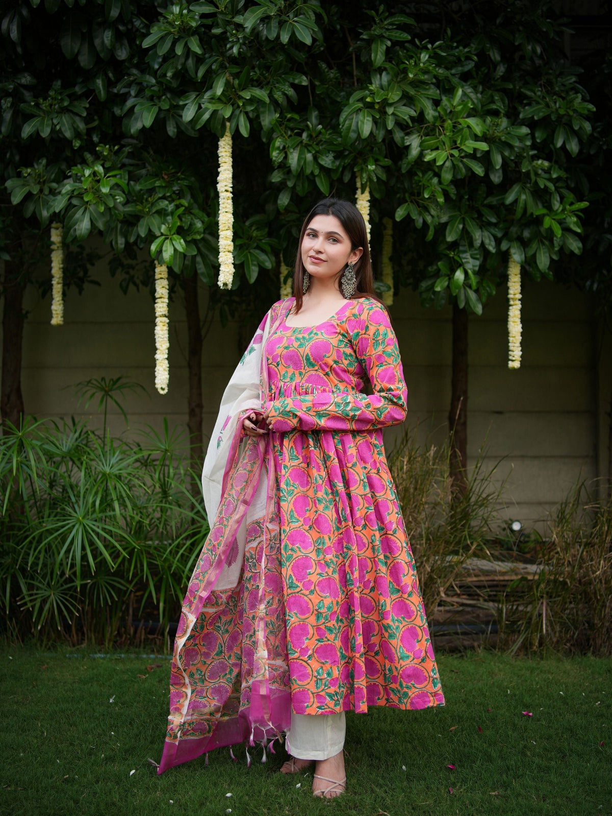 Shubhika Pink Handblock Cotton Three Piece Anarkali Set