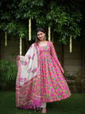 Shubhika Pink Handblock Cotton Three Piece Anarkali Set