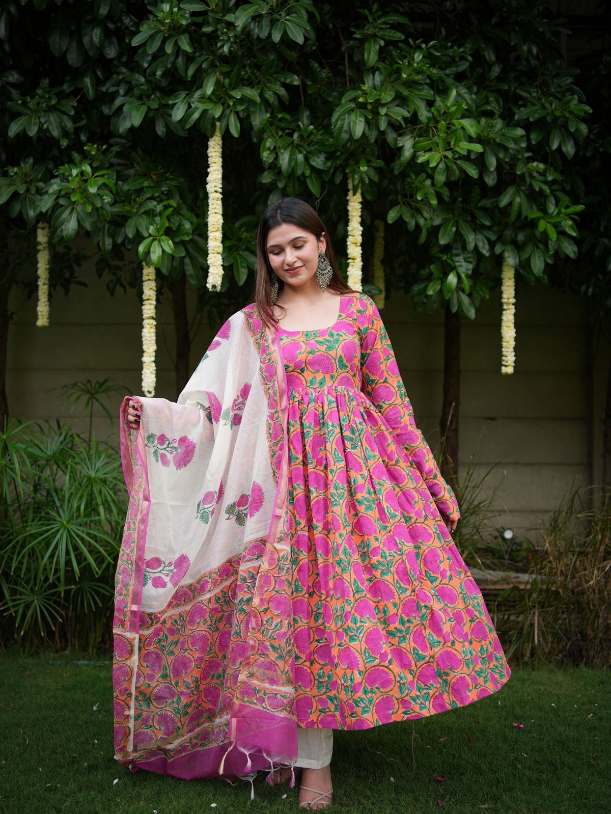 Shubhika Pink Handblock Cotton Three Piece Anarkali Set