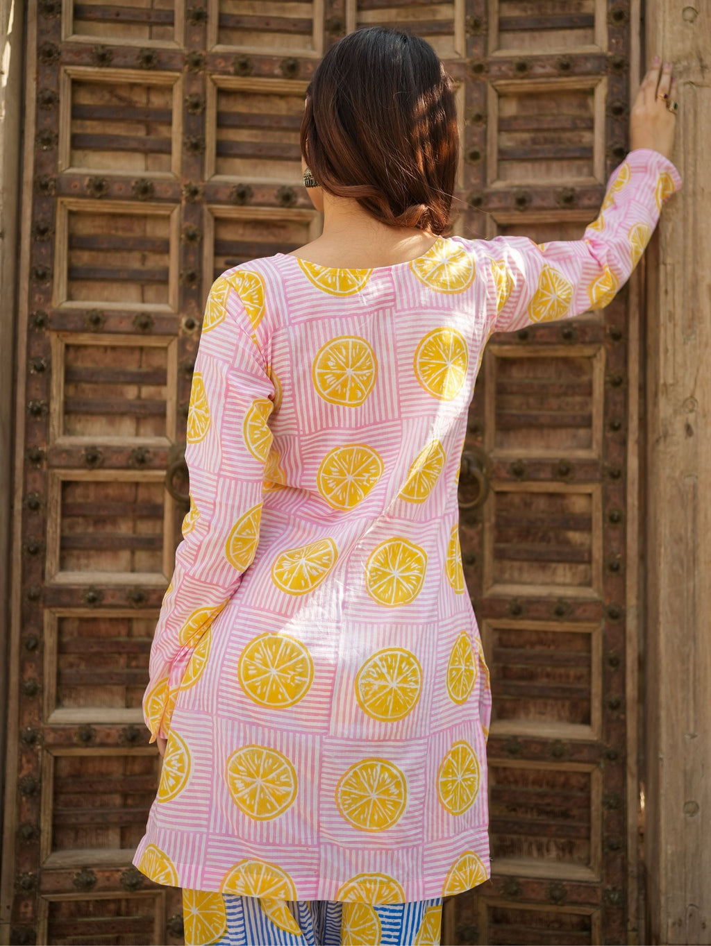 Summer Lemon Sorbet Pink Cotton Kurta Set with Handblock Farshi Salwar