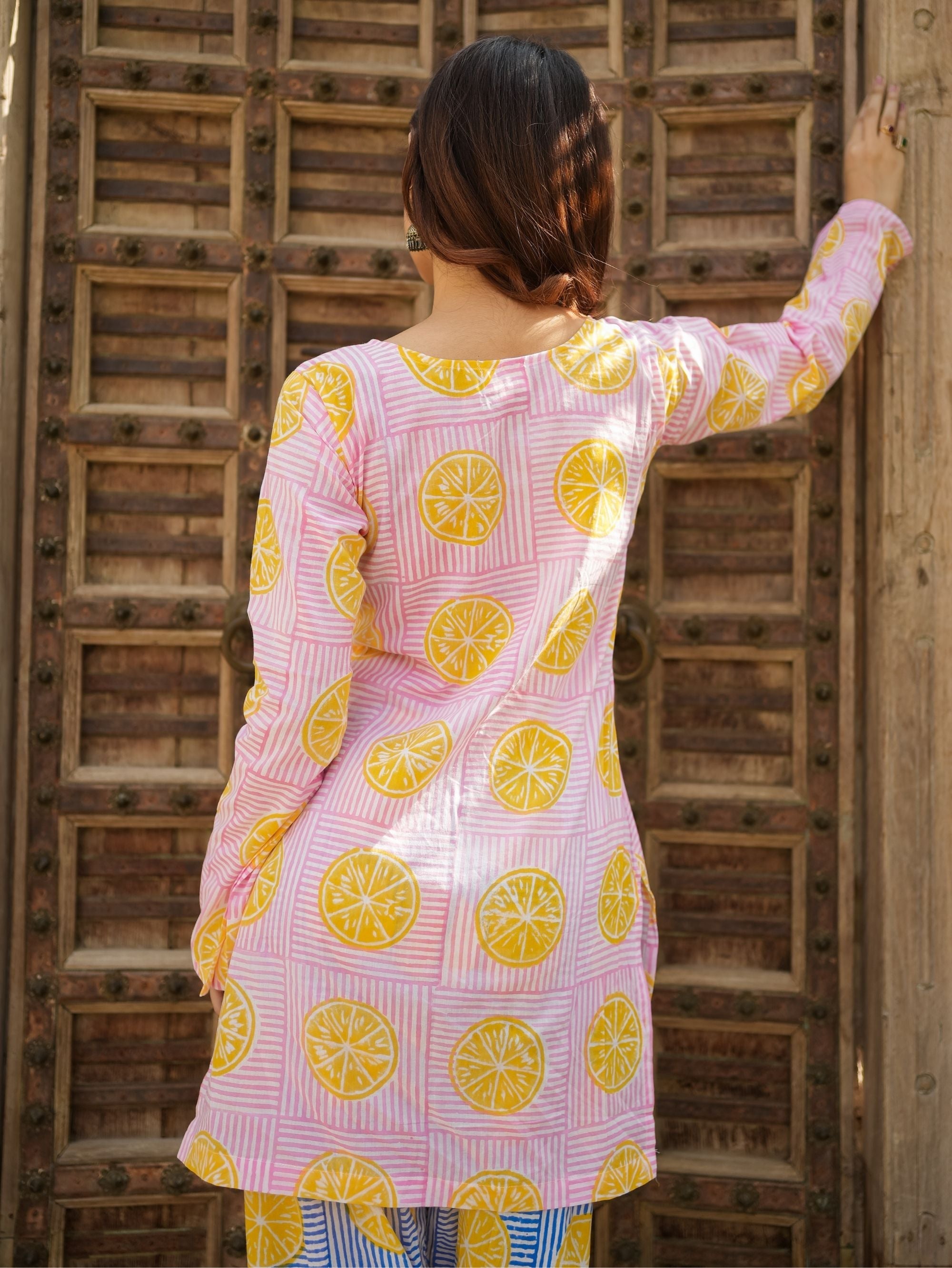 Summer Lemon Sorbet Pink Cotton Kurta Set with Handblock Farshi Salwar