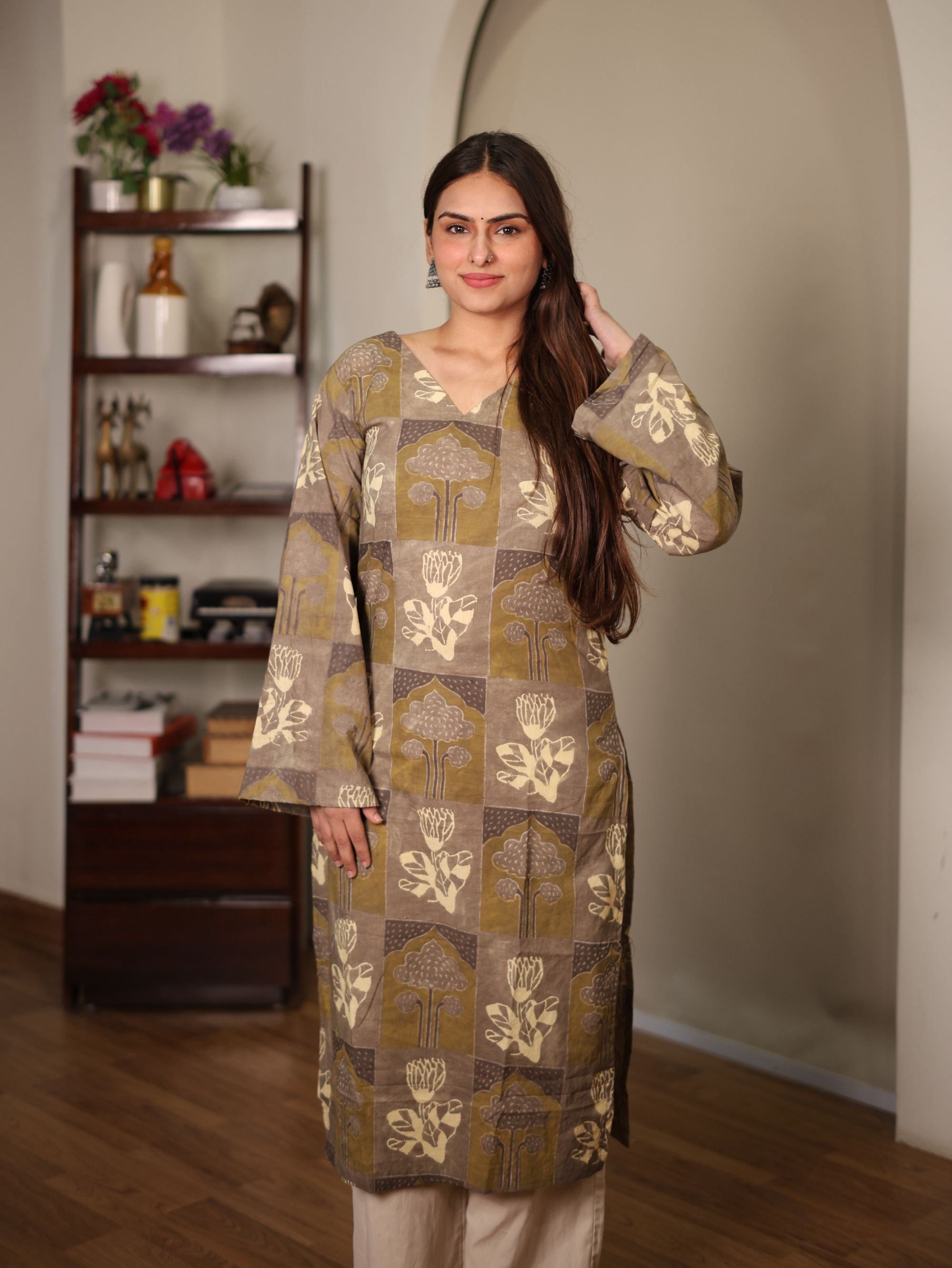 Nayab Beige Cotton Long Kurta with Pakistani Bell Sleeves