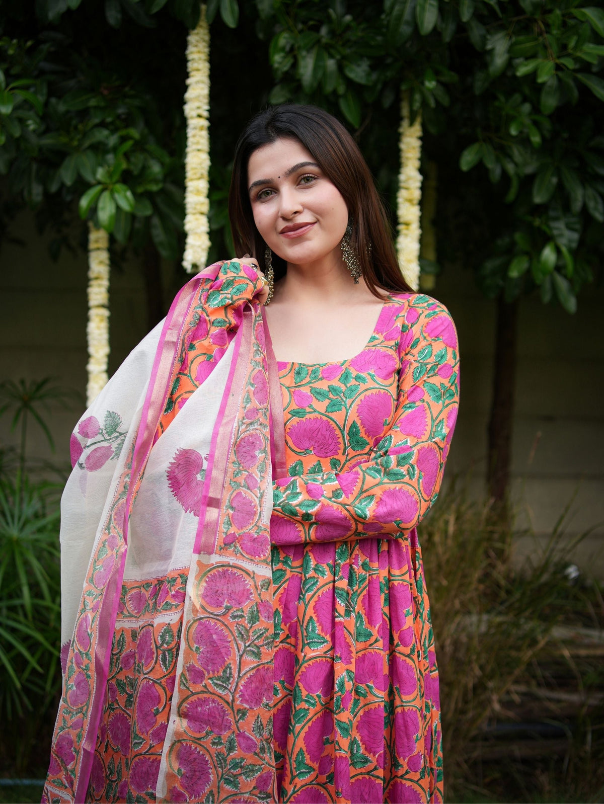 Shubhika Pink Handblock Cotton Three Piece Anarkali Set