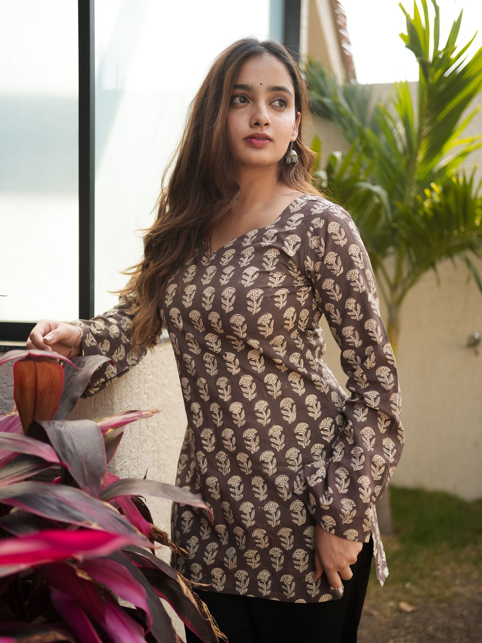 Daisy Dream Brown Cotton Short Kurti with Floral Print