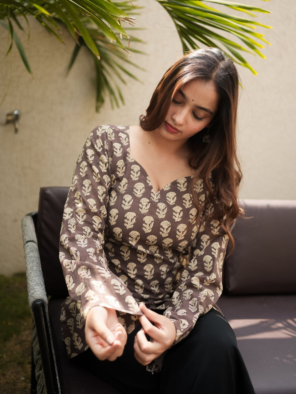 Daisy Dream Brown Cotton Short Kurti with Floral Print