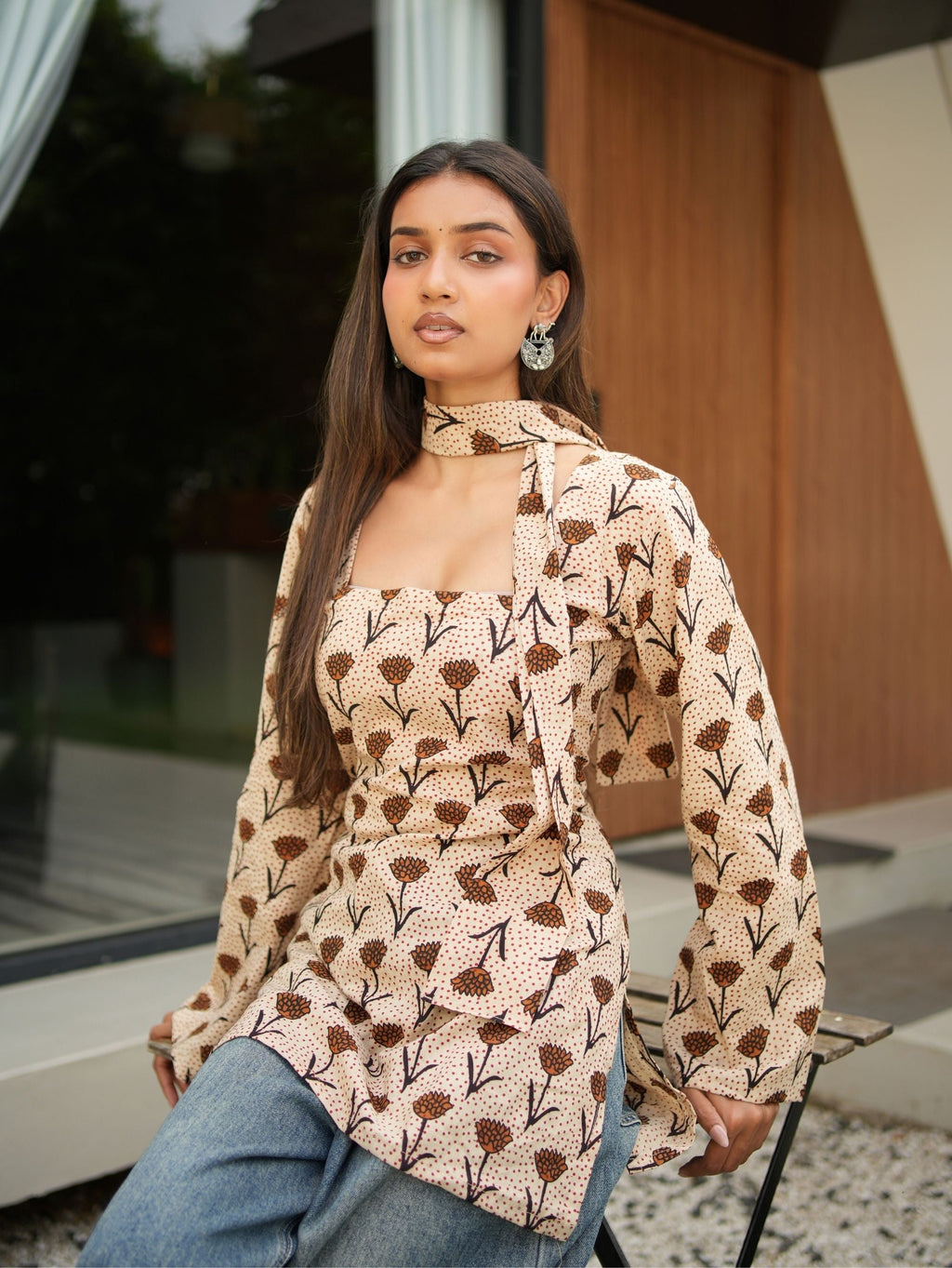 Afsana Brown Short Kurti with Scarf