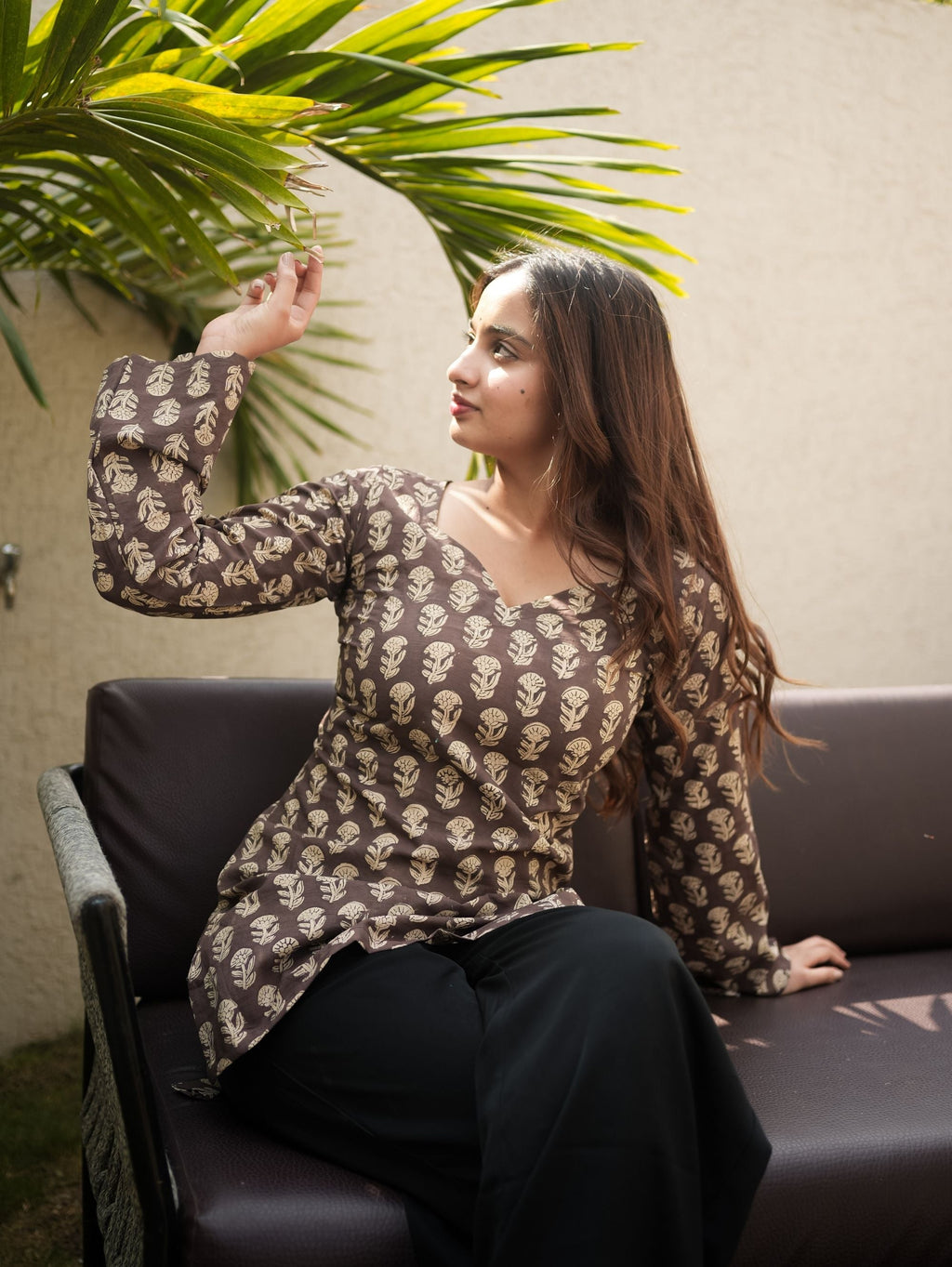 Daisy Dream Brown Cotton Short Kurti with Floral Print