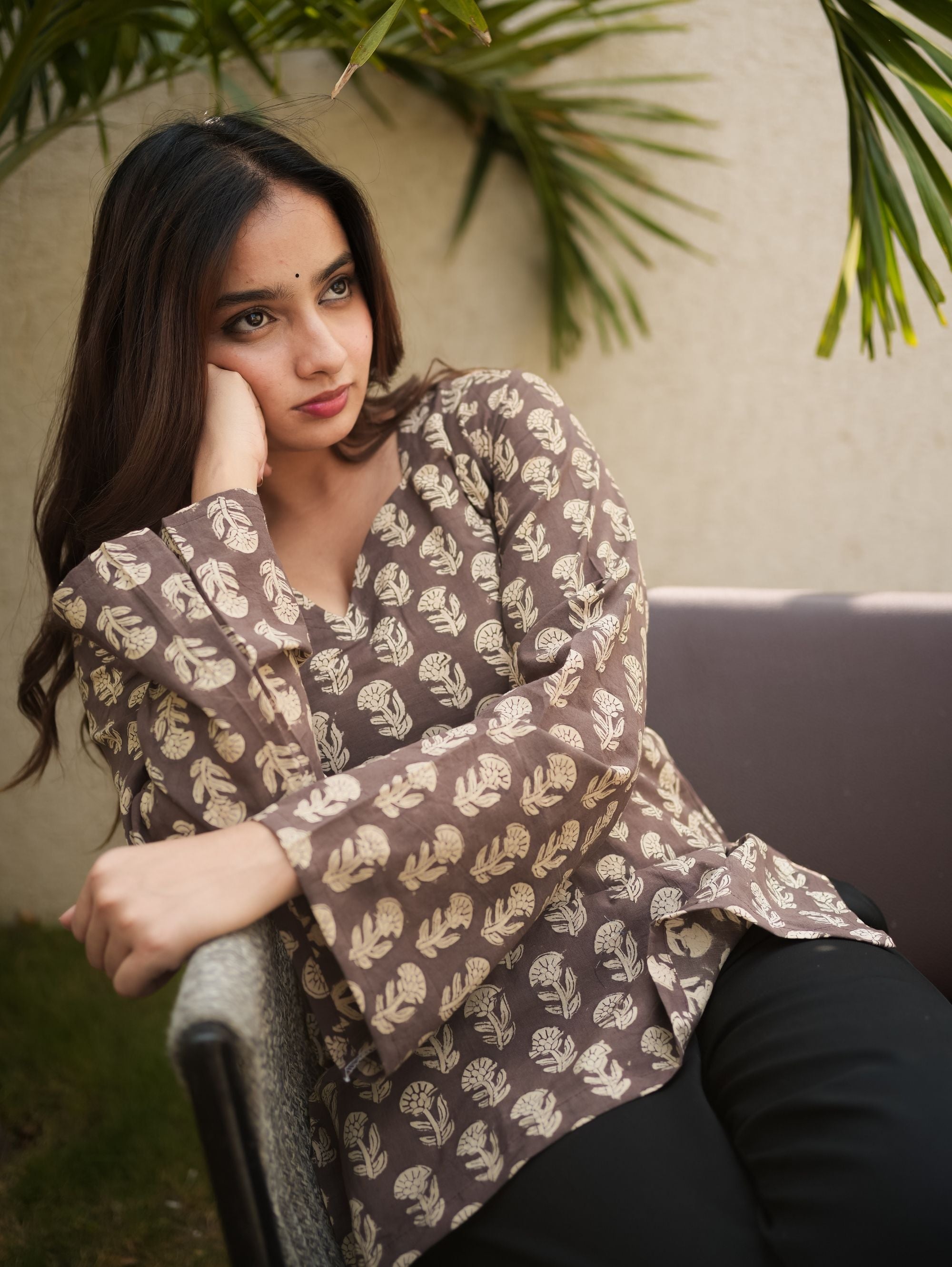 Daisy Dream Brown Cotton Short Kurti with Floral Print