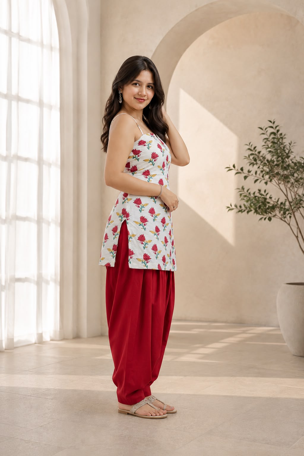 Flora Rahi White & Red Handblock Short Kurti for Women